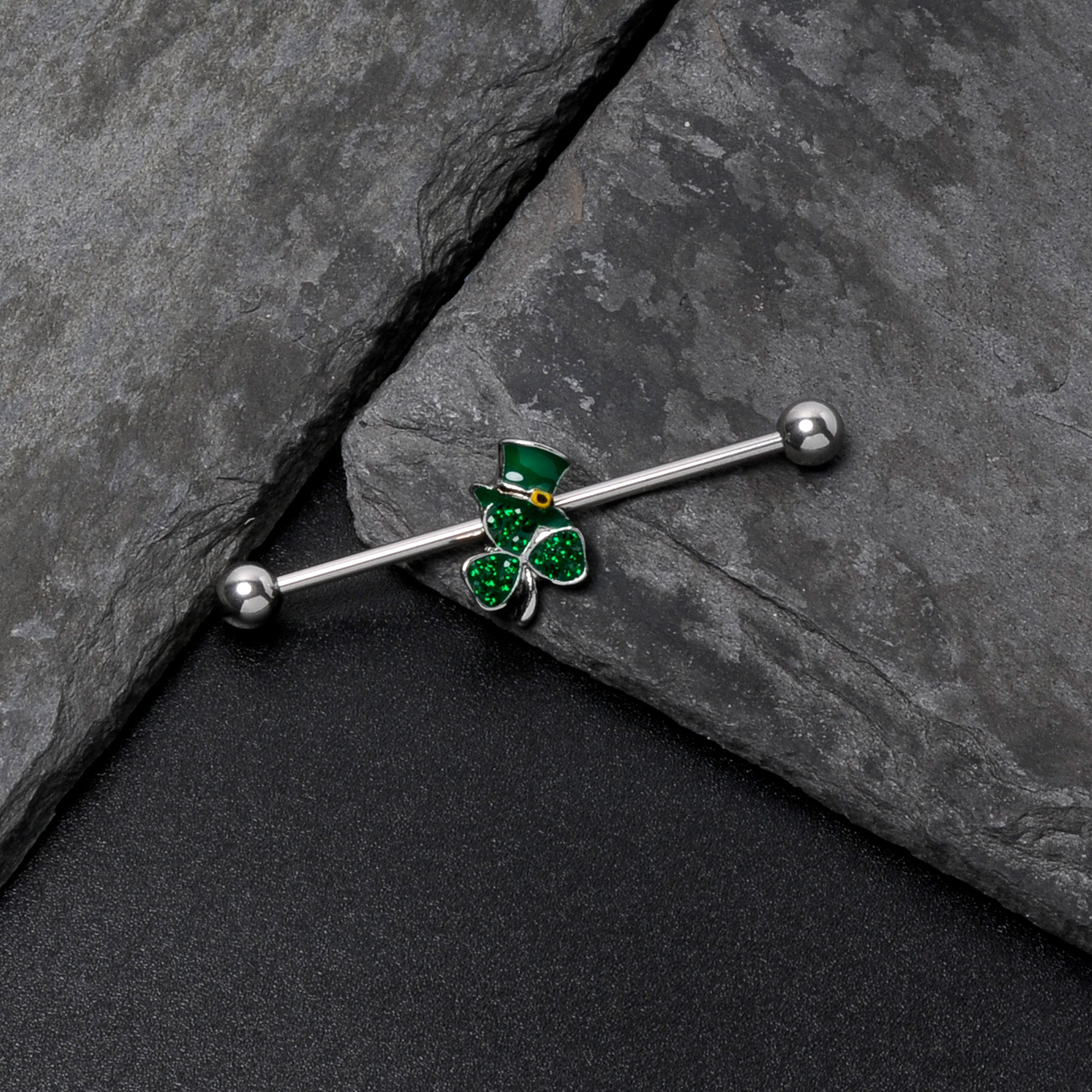 14 Gauge Green Gem Top Hat Shamrock St Patricks Industrial Barbell 38mm