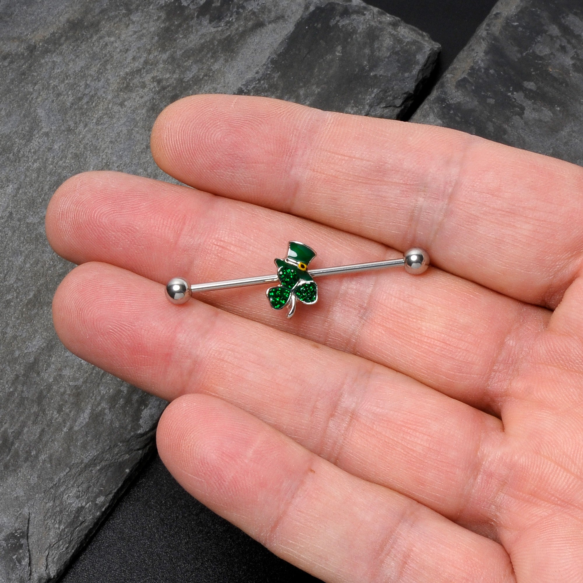 14 Gauge Green Gem Top Hat Shamrock St Patricks Industrial Barbell 38mm