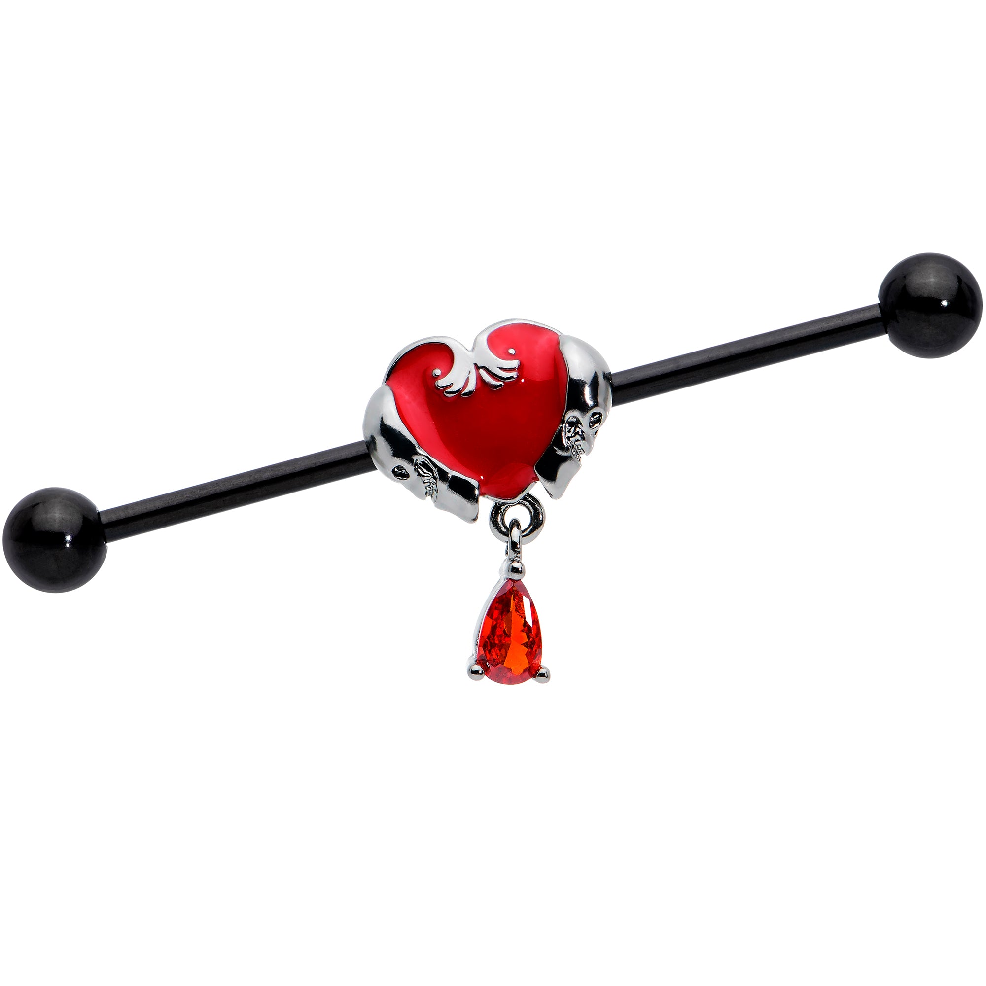 14 Gauge Red CZ Gem Black Duo Skull Heart Dangle Industrial Barbell 38mm