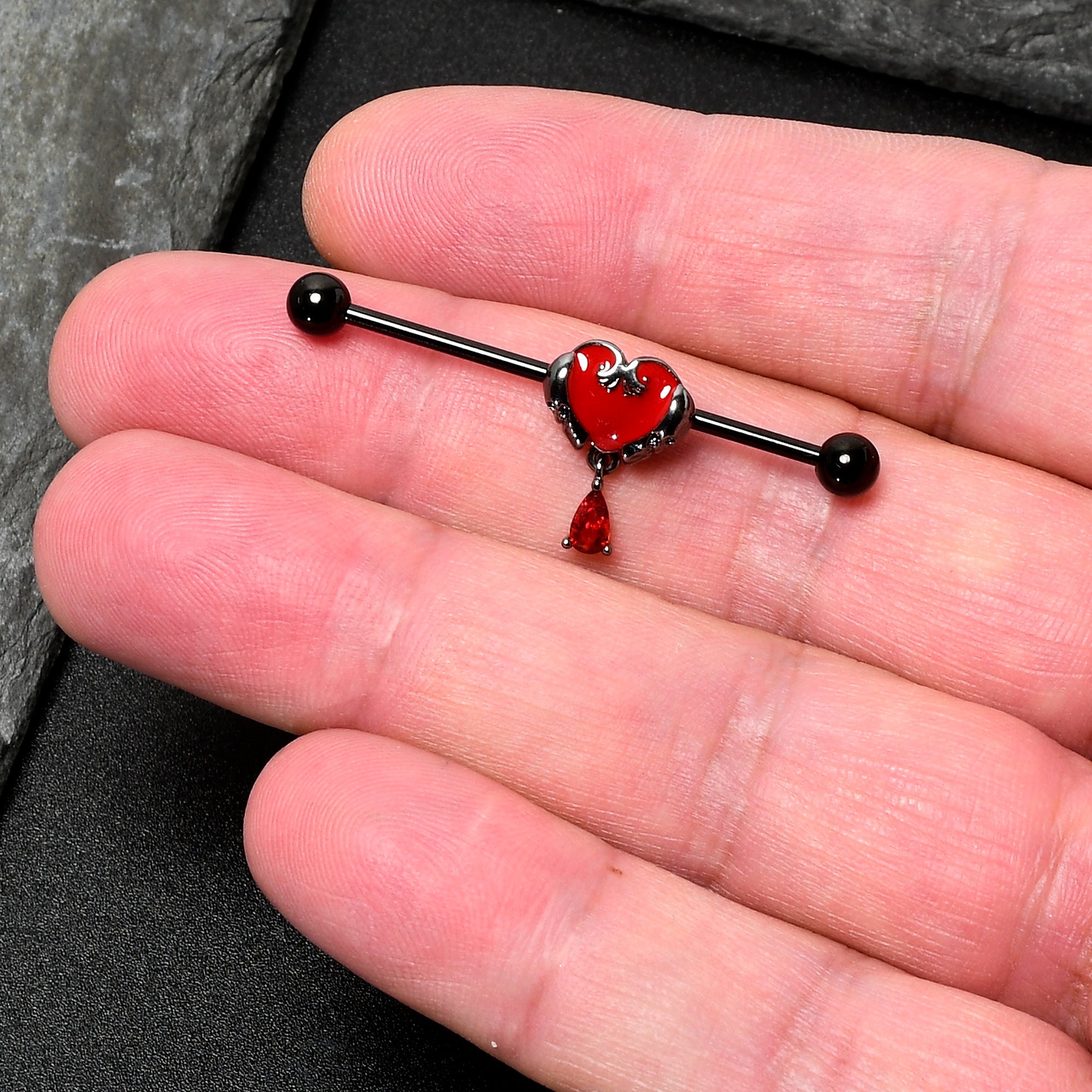 14 Gauge Red CZ Gem Black Duo Skull Heart Dangle Industrial Barbell 38mm