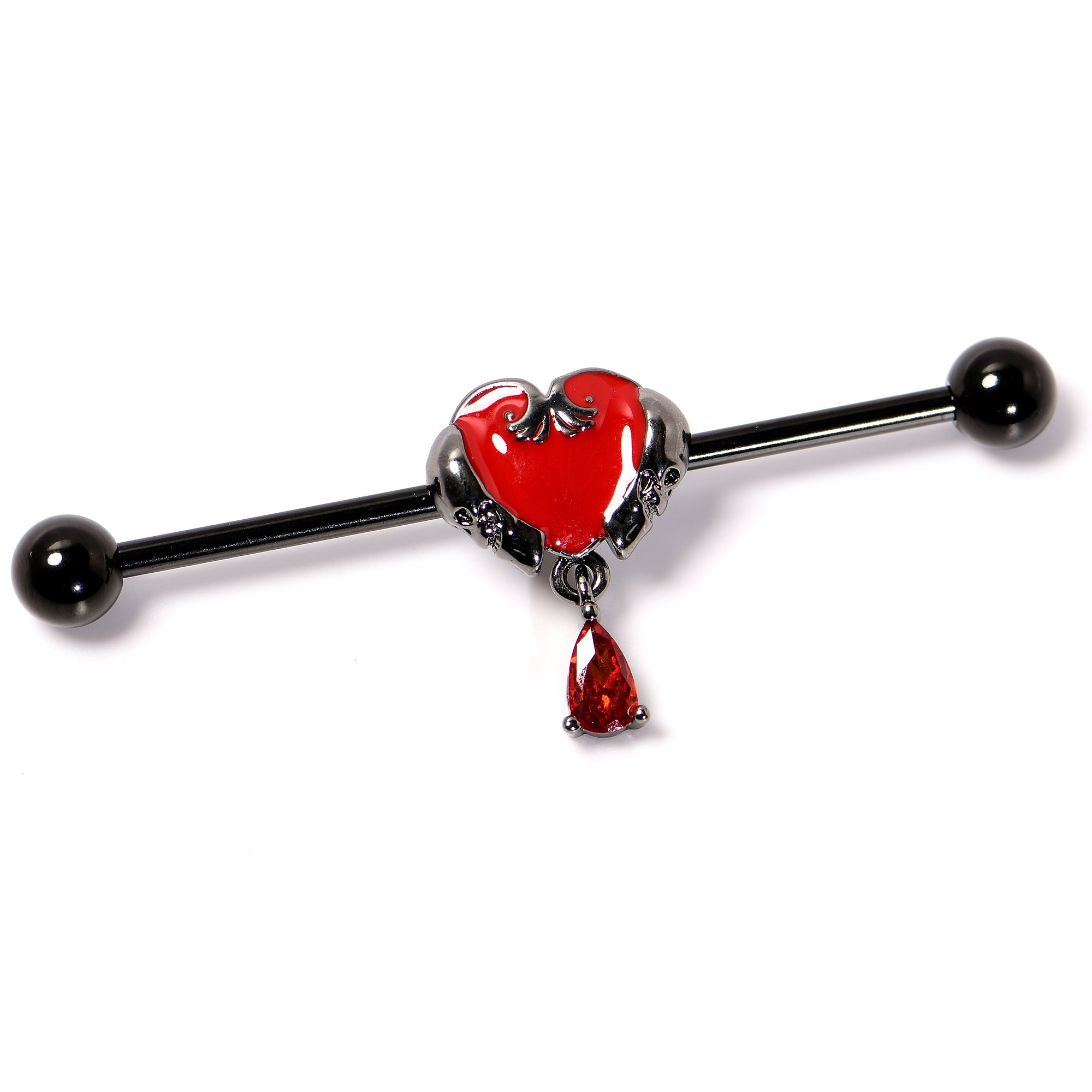 14 Gauge Red CZ Gem Black Duo Skull Heart Dangle Industrial Barbell 38mm