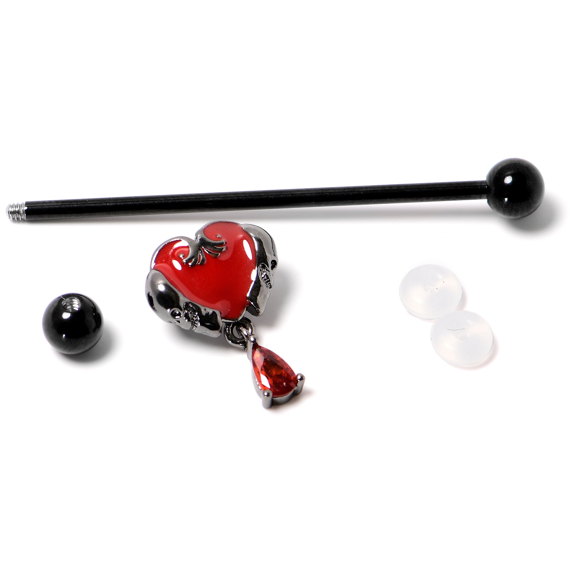 14 Gauge Red CZ Gem Black Duo Skull Heart Dangle Industrial Barbell 38mm