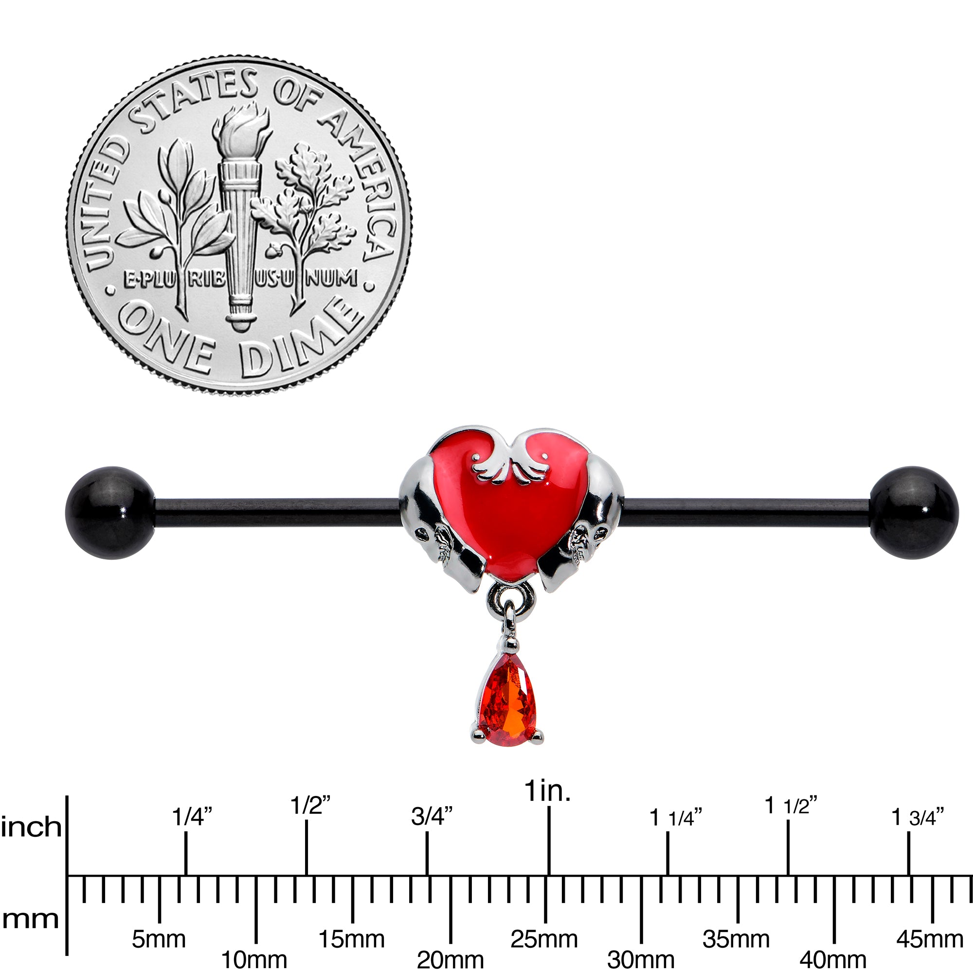 14 Gauge Red CZ Gem Black Duo Skull Heart Dangle Industrial Barbell 38mm