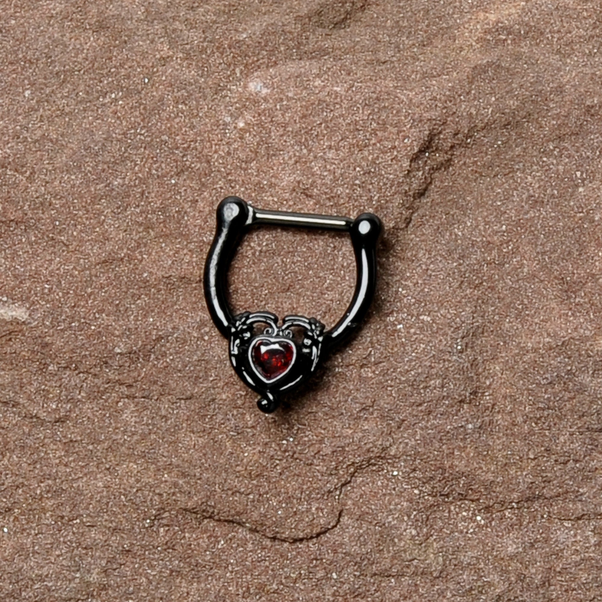 16 Gauge 5/16 Red CZ Gem Black Passion Heart Cartilage Clicker