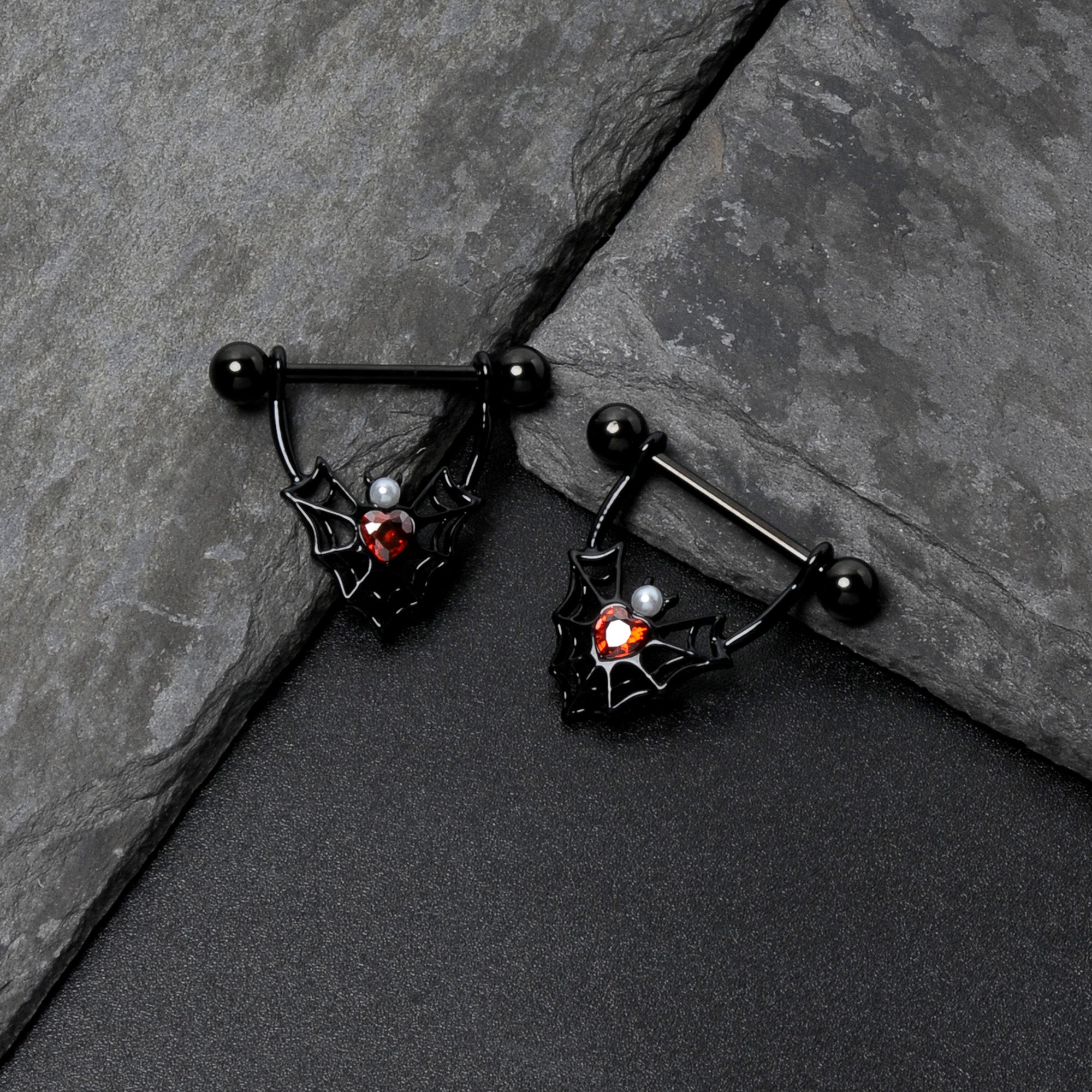 14 Gauge 11/16 Red Gem Black Gothic Bat Heart Nipple Shield Set