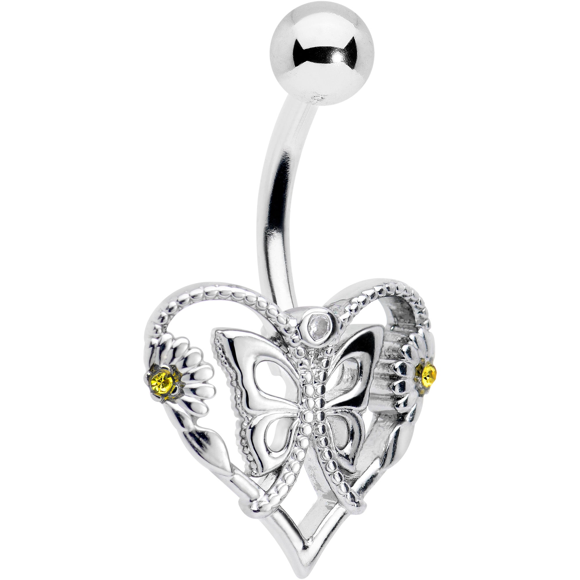 Clear Yellow CZ Gem Heart Flower Butterfly Belly Ring