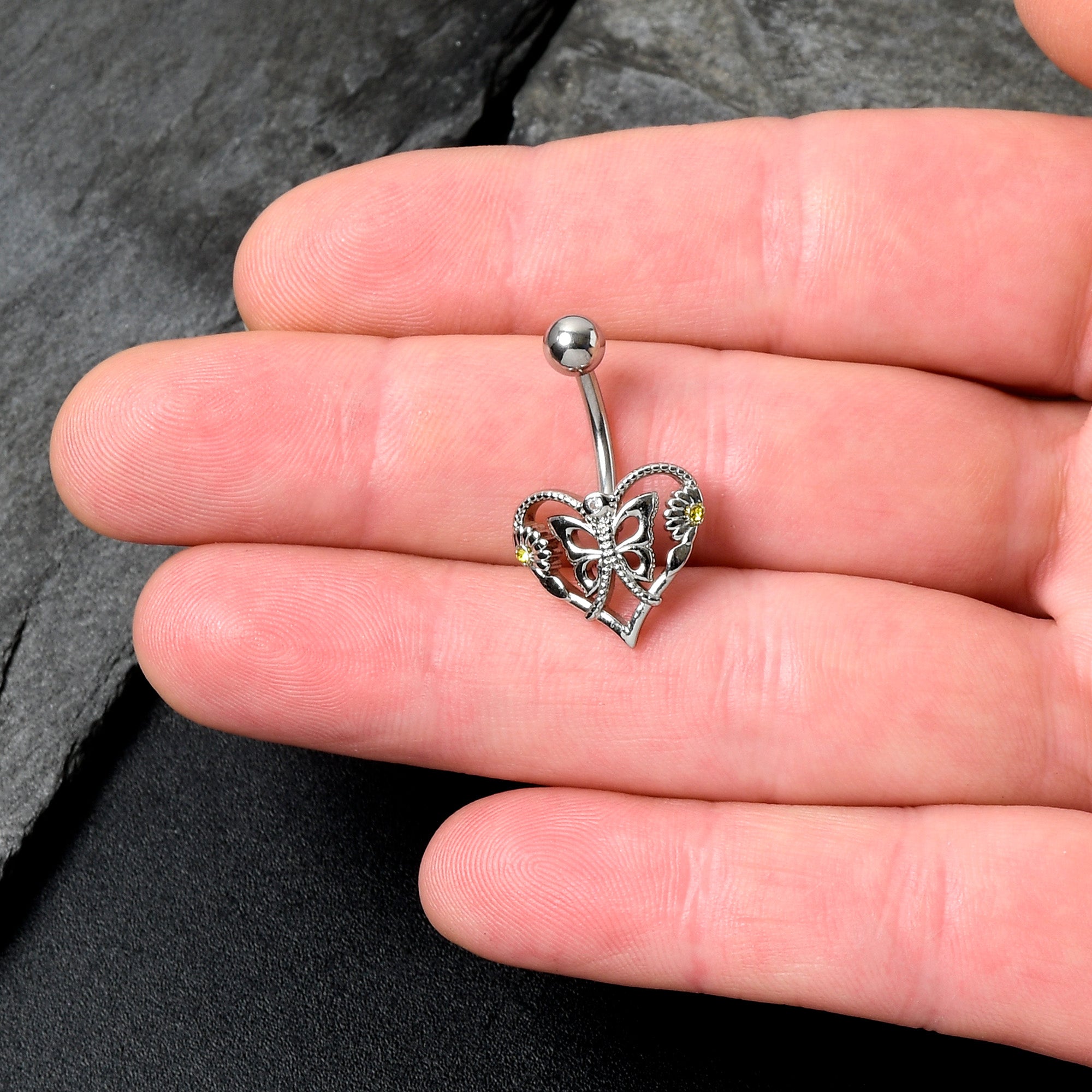 Clear Yellow CZ Gem Heart Flower Butterfly Belly Ring