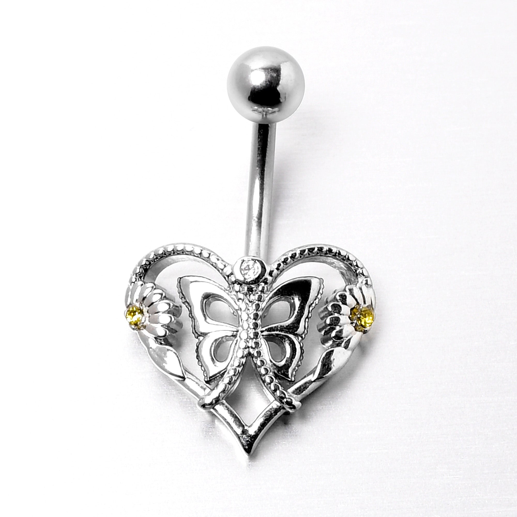 Clear Yellow CZ Gem Heart Flower Butterfly Belly Ring