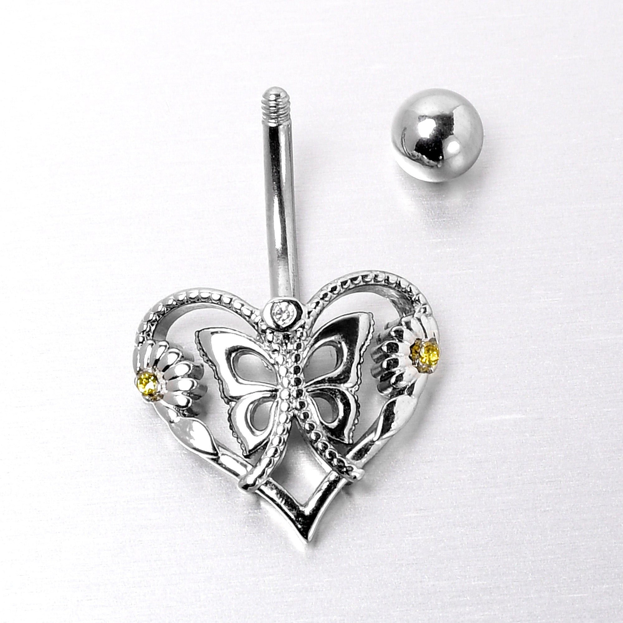 Clear Yellow CZ Gem Heart Flower Butterfly Belly Ring