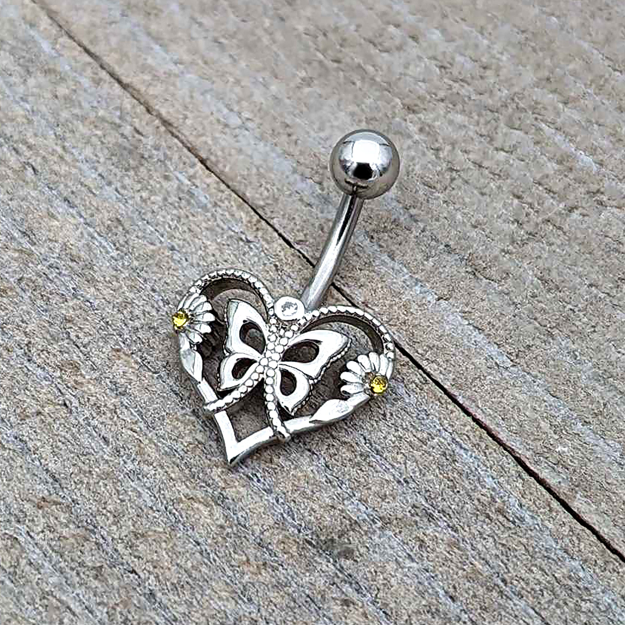 Clear Yellow CZ Gem Heart Flower Butterfly Belly Ring