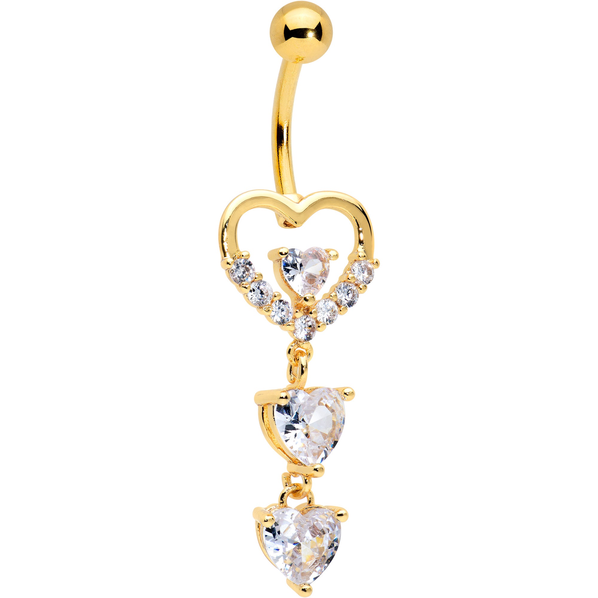 Clear CZ Gem Gold Tone Opulent Heart Quartet Dangle Belly Ring