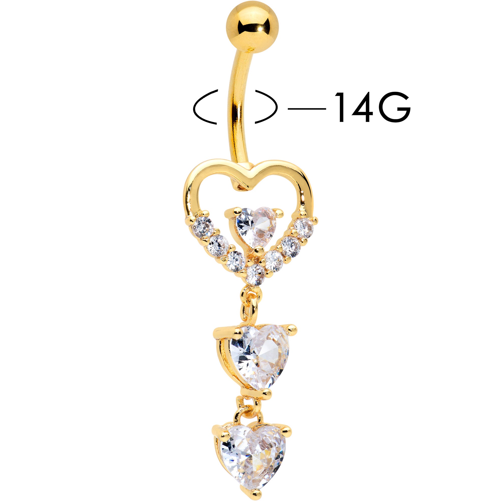 Clear CZ Gem Gold Tone Opulent Heart Quartet Dangle Belly Ring