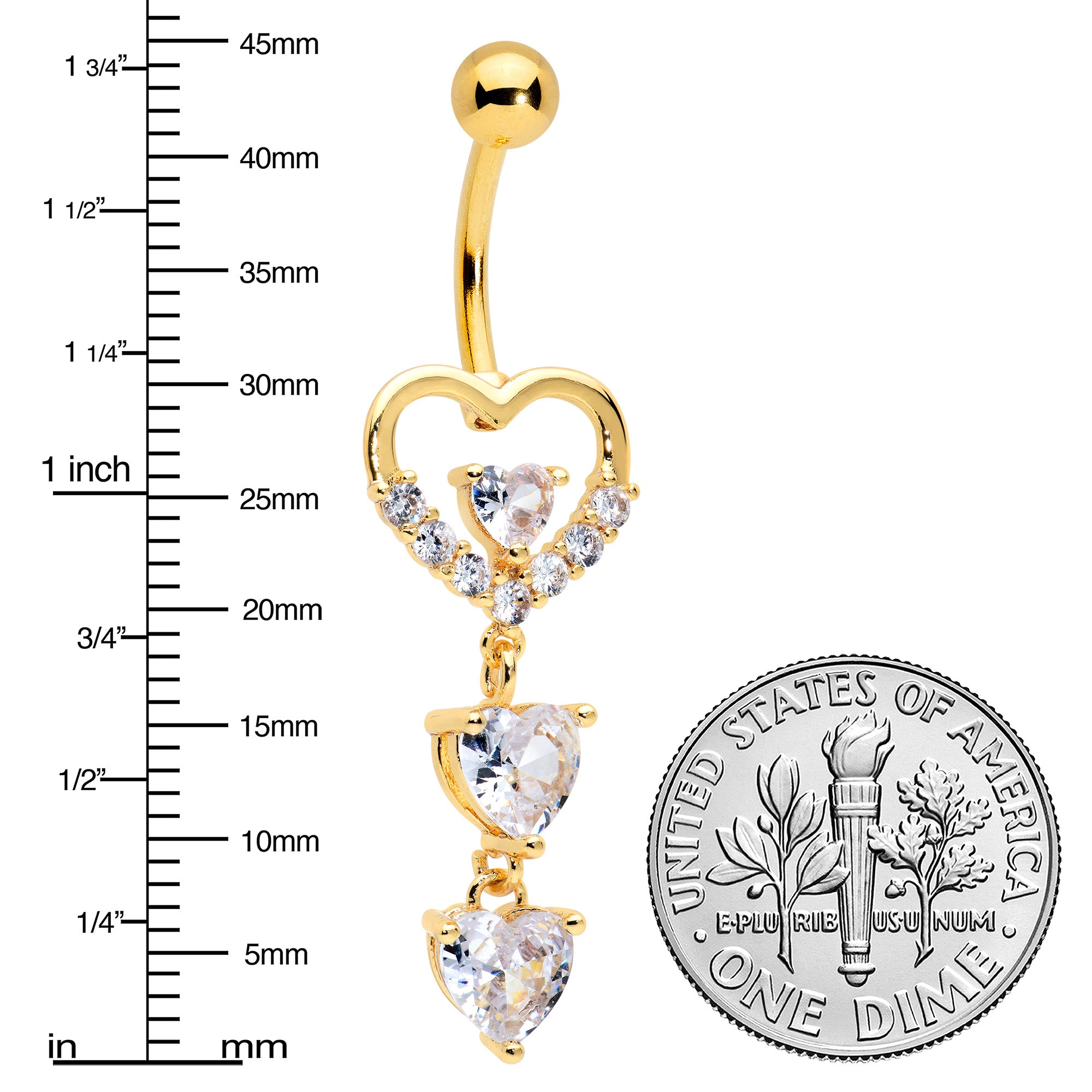 Clear CZ Gem Gold Tone Opulent Heart Quartet Dangle Belly Ring