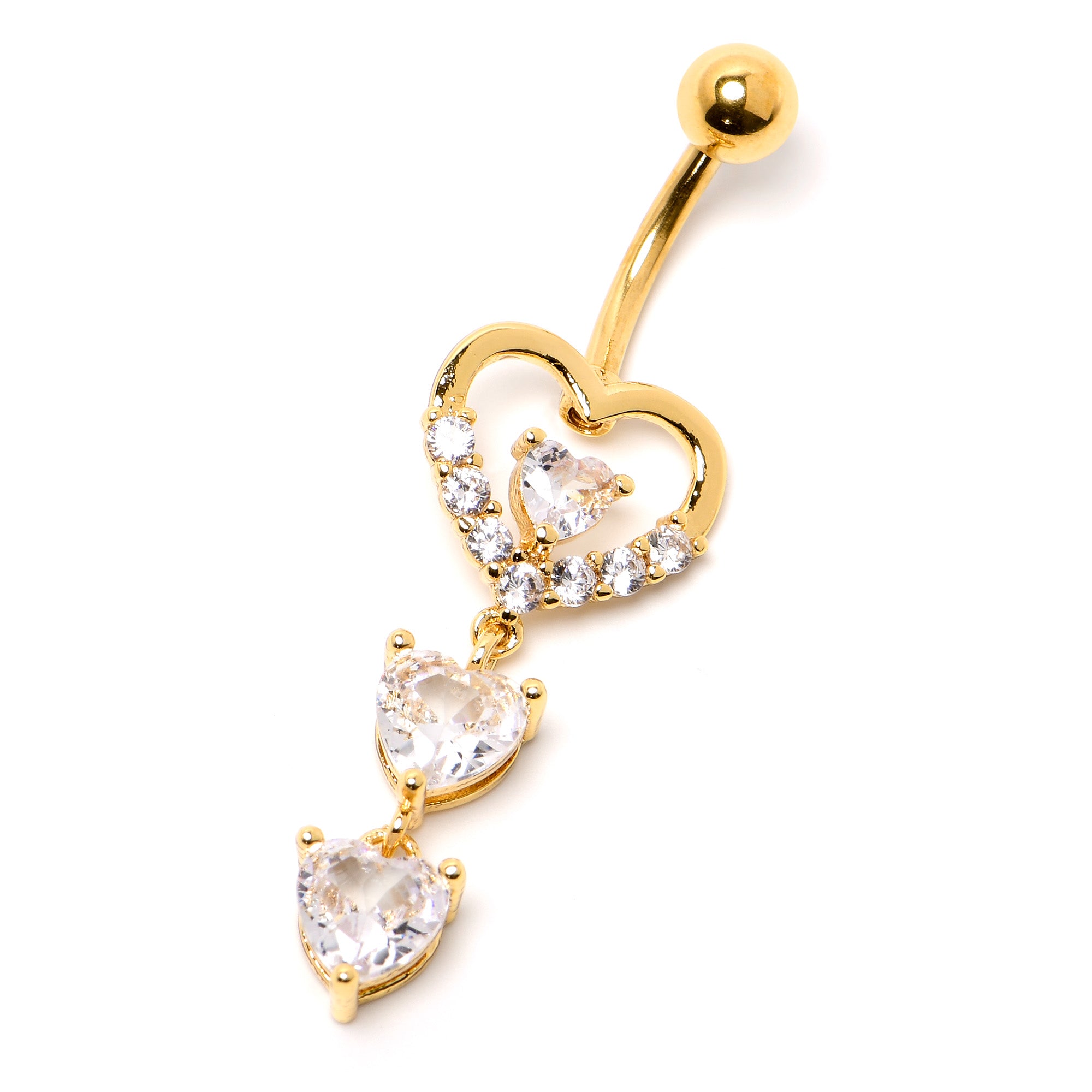 Clear CZ Gem Gold Tone Opulent Heart Quartet Dangle Belly Ring