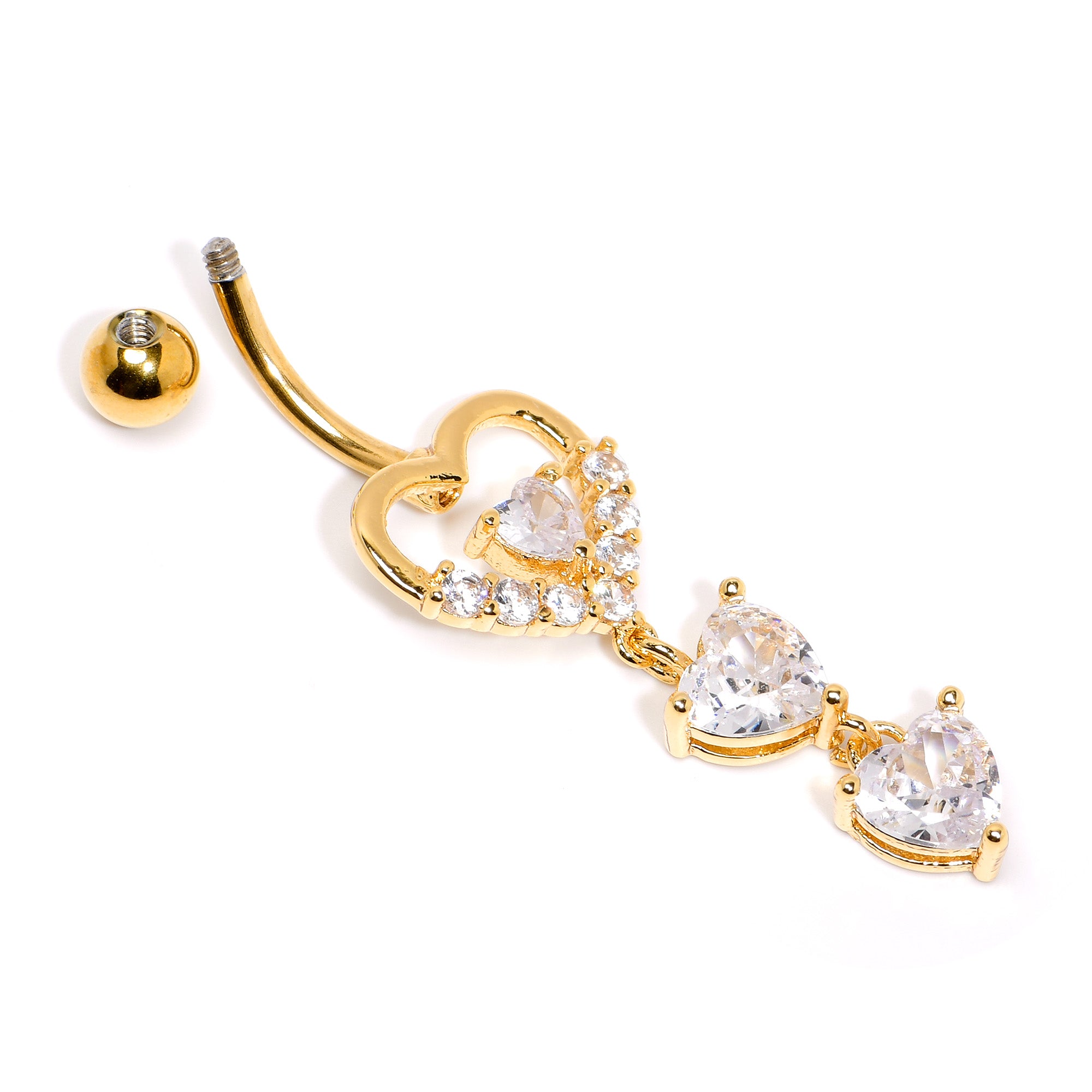 Clear CZ Gem Gold Tone Opulent Heart Quartet Dangle Belly Ring