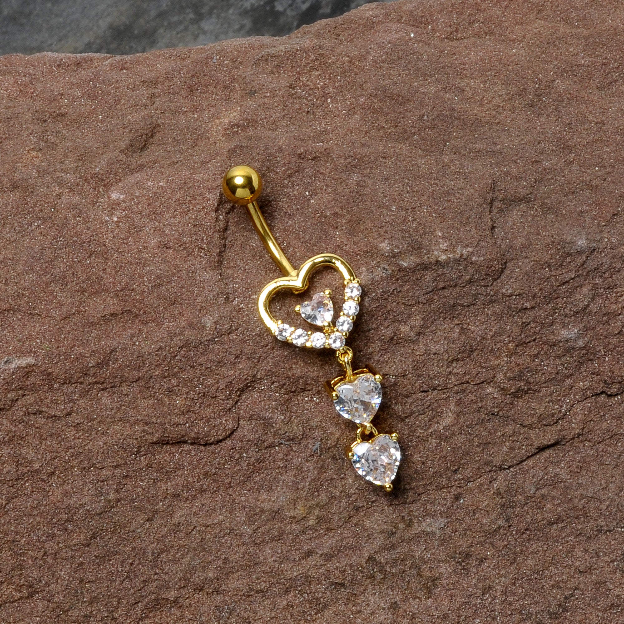 Clear CZ Gem Gold Tone Opulent Heart Quartet Dangle Belly Ring