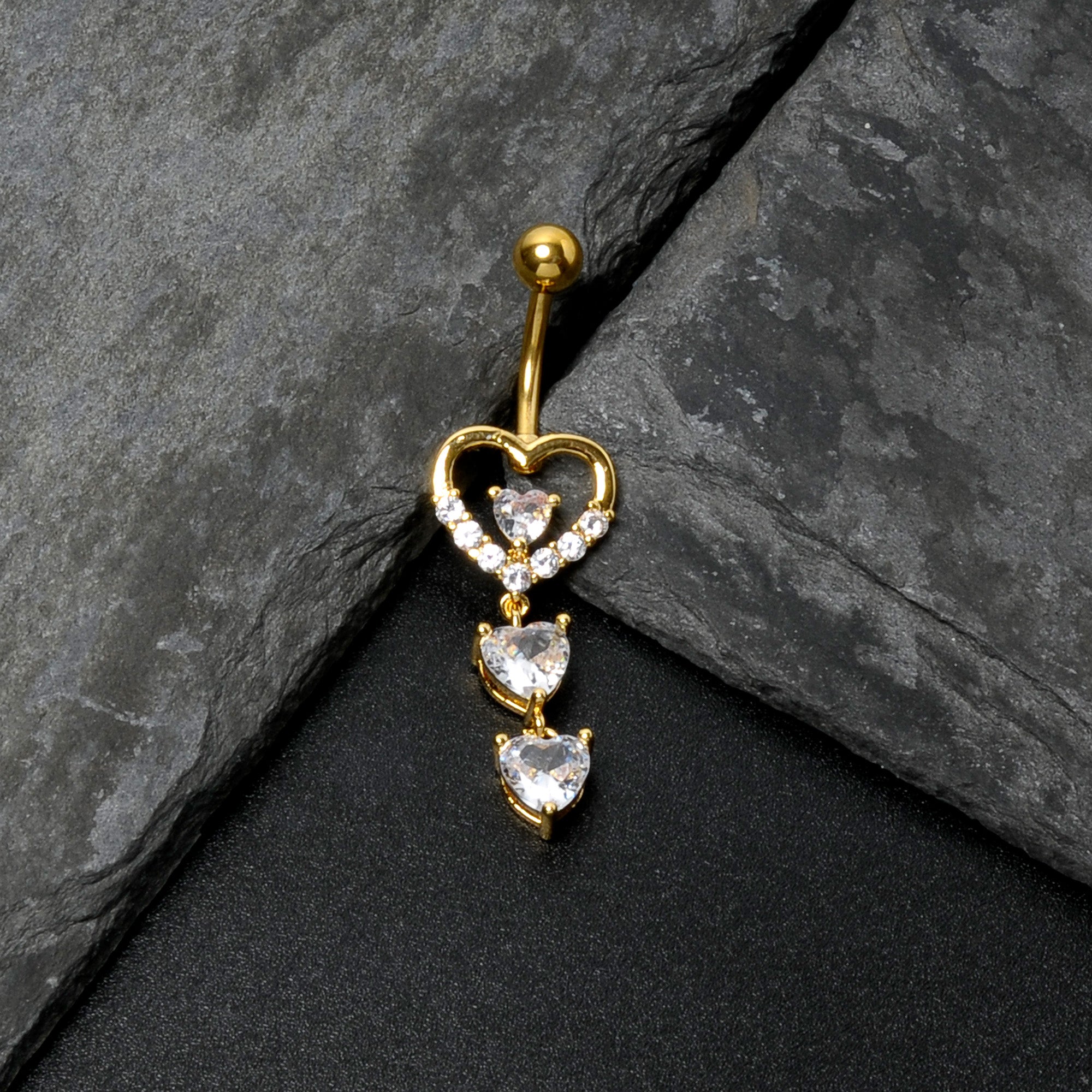 Clear CZ Gem Gold Tone Opulent Heart Quartet Dangle Belly Ring