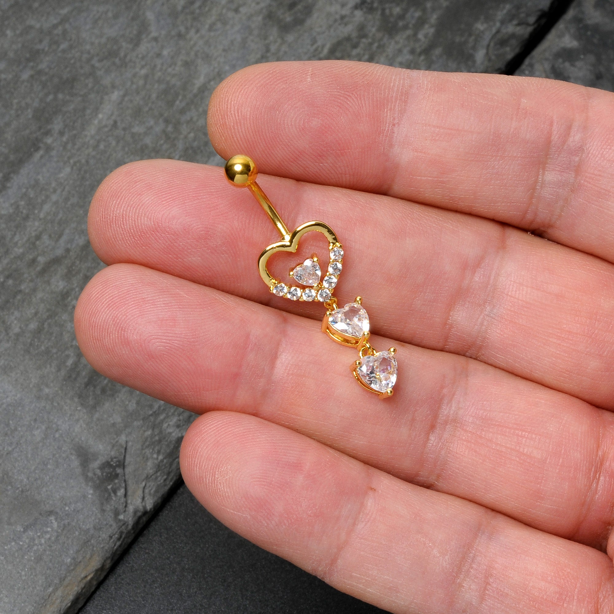 Clear CZ Gem Gold Tone Opulent Heart Quartet Dangle Belly Ring