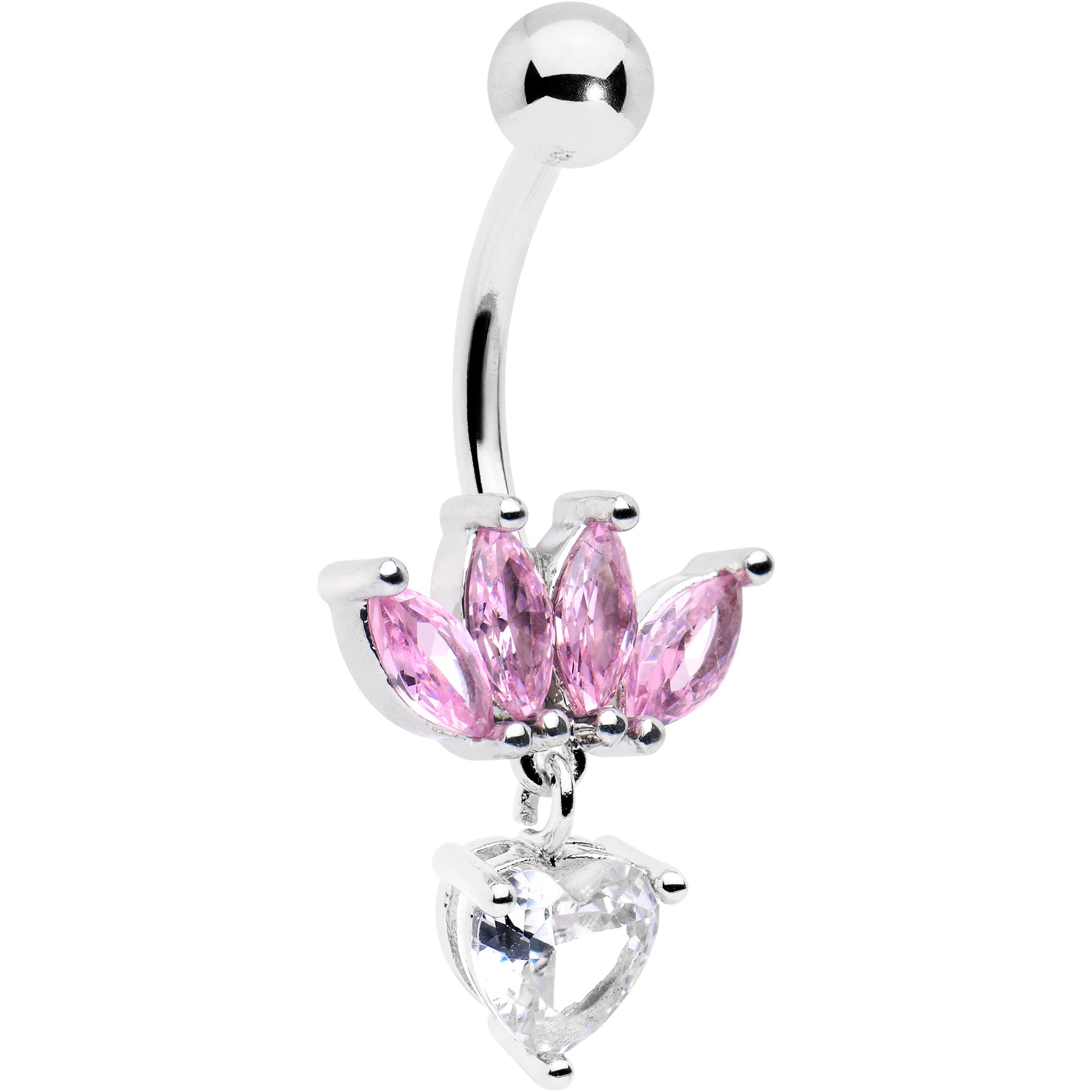 Clear Pink CZ Gem Crown And Heart Dangle Belly Ring