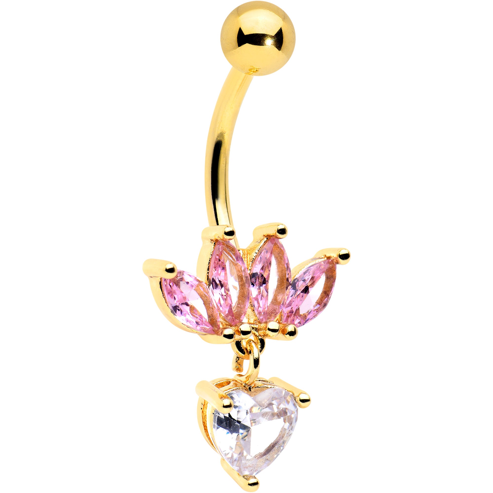 Clear Pink CZ Gem Gold Tone Crown And Heart Dangle Belly Ring