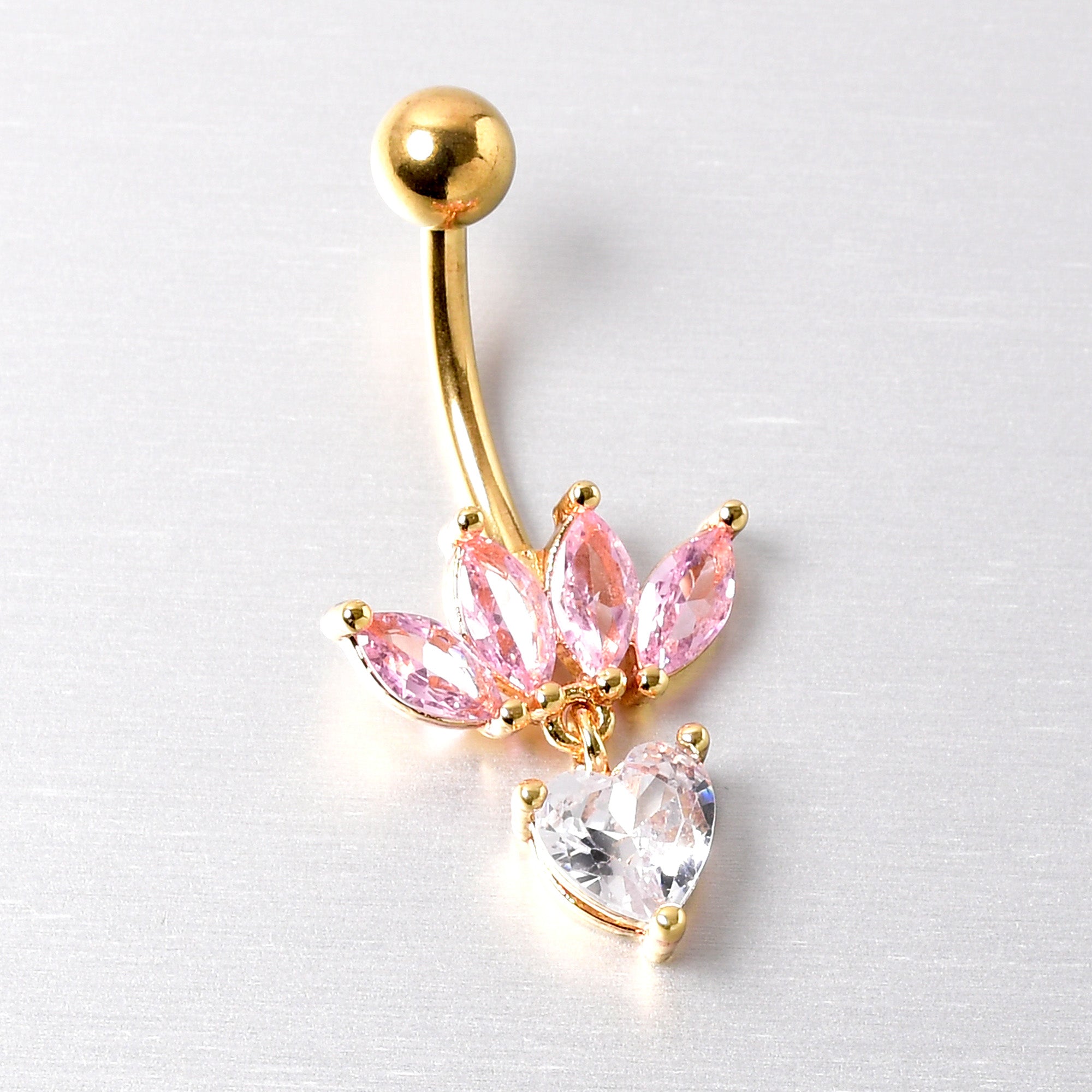 Clear Pink CZ Gem Gold Tone Crown And Heart Dangle Belly Ring