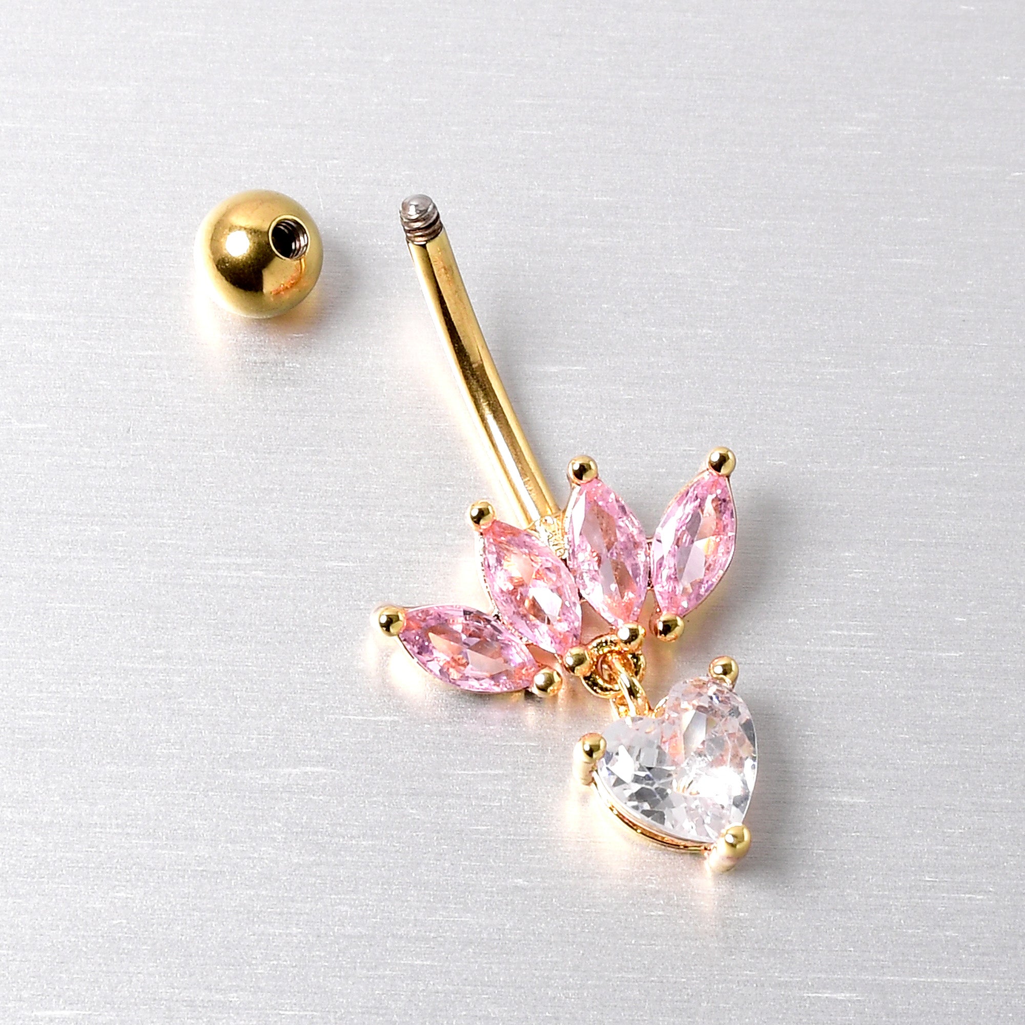 Clear Pink CZ Gem Gold Tone Crown And Heart Dangle Belly Ring