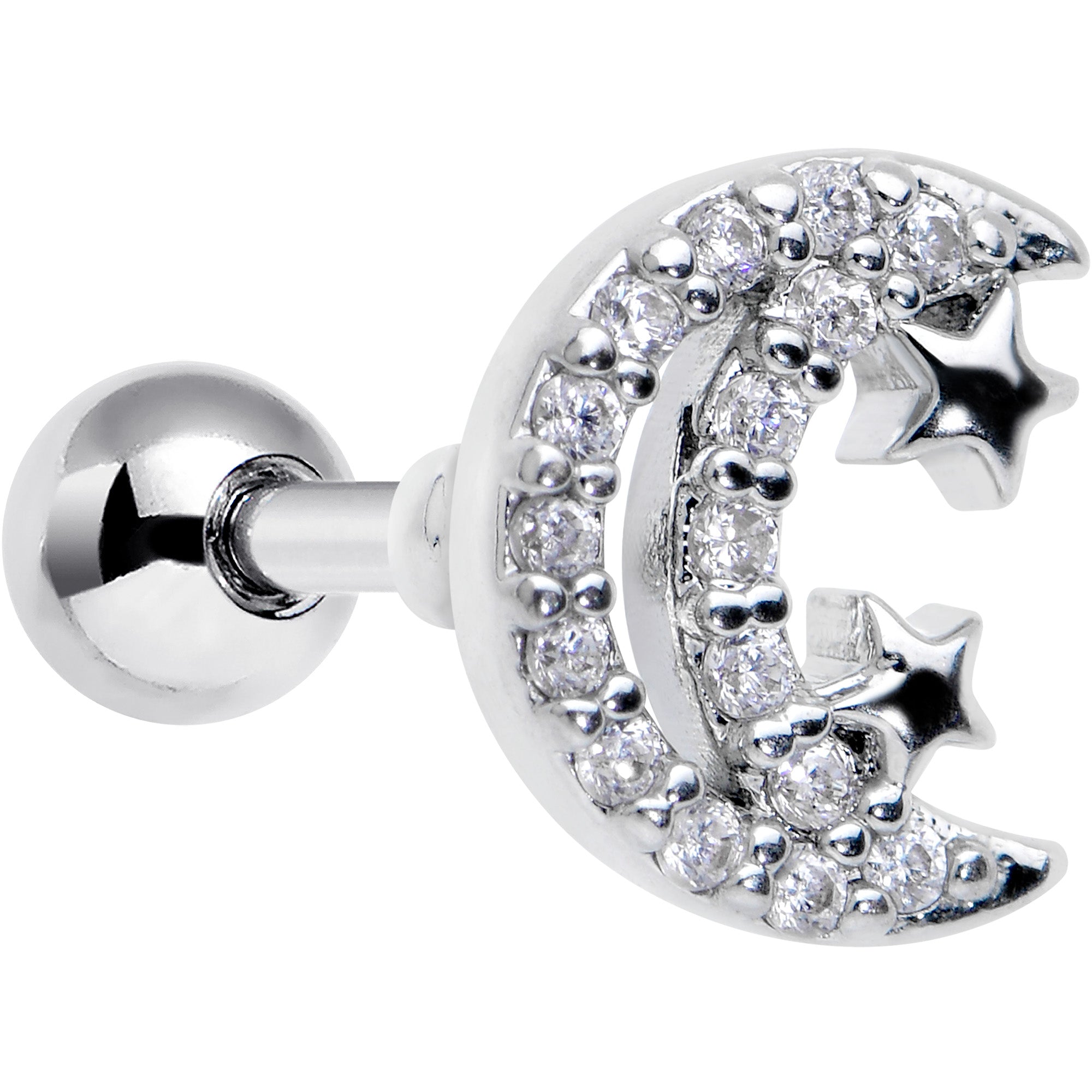 16 Gauge 1/4 Clear CZ Gem Starry Crescent Moon Cartilage Tragus Earring