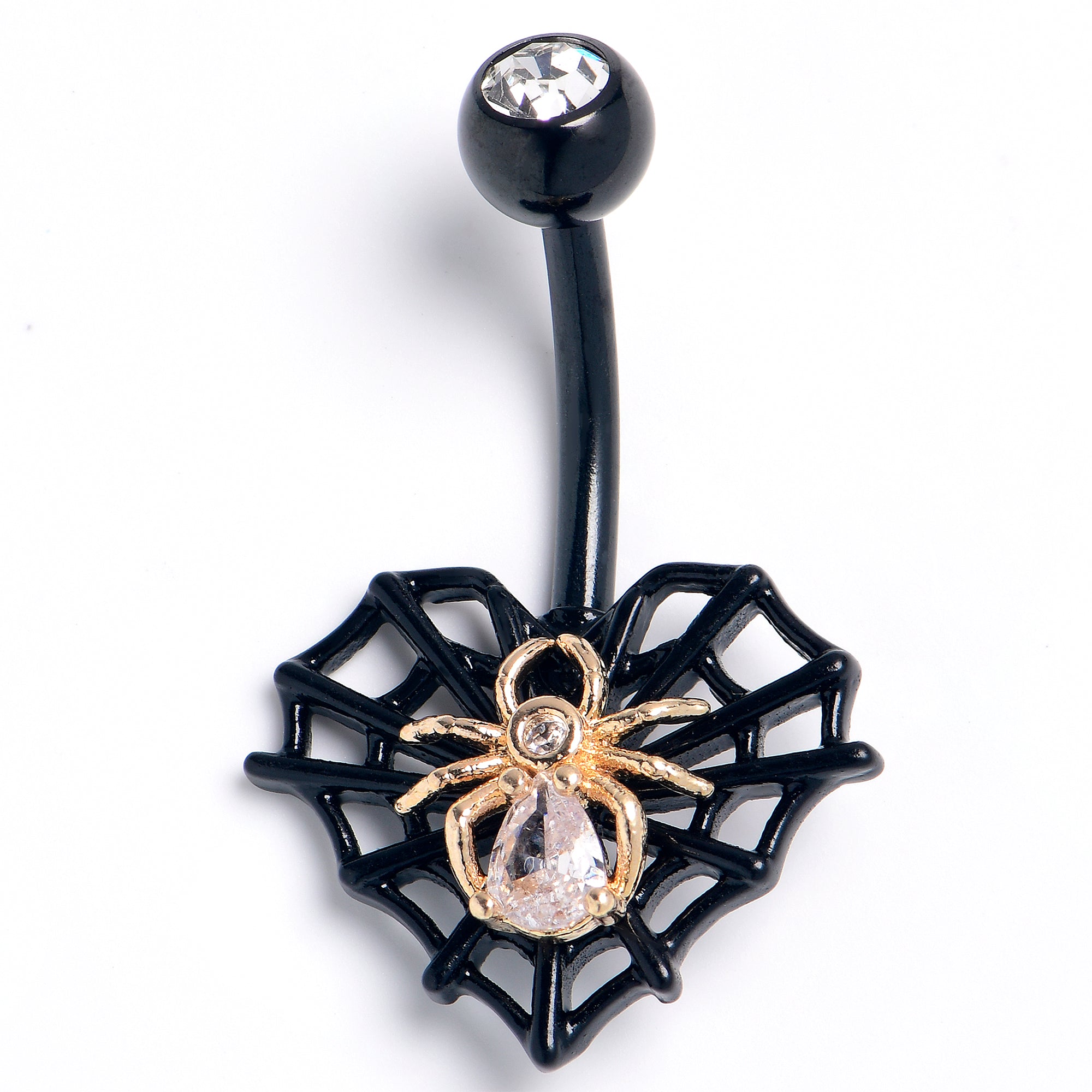 Clear Gem Black Golden Spider Web Heart Belly Ring