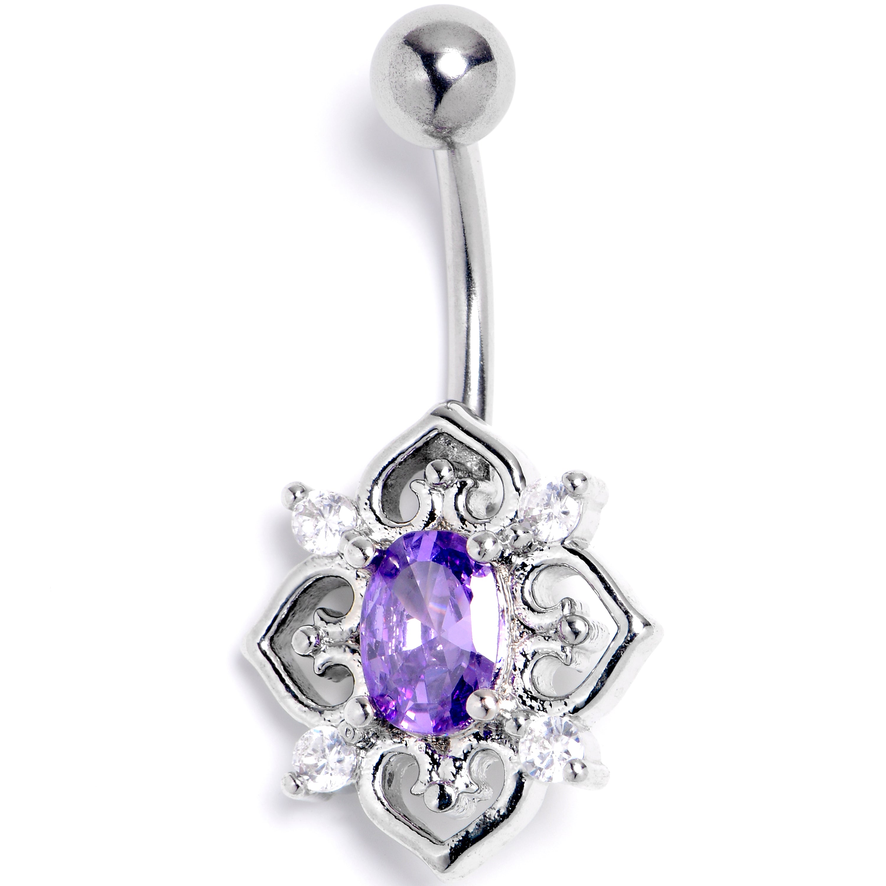 Clear Purple Gem Lace Look Hearts Belly Ring