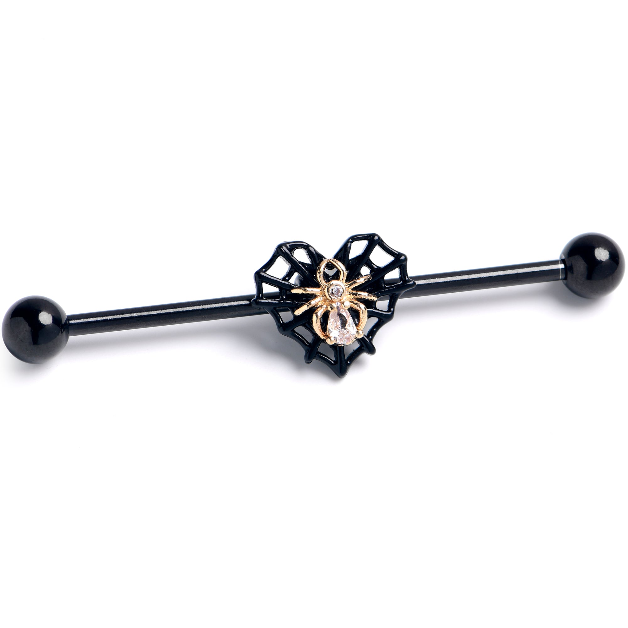 14 Gauge Clear Gem Black Golden Spider Web Heart Industrial Barbell 38mm