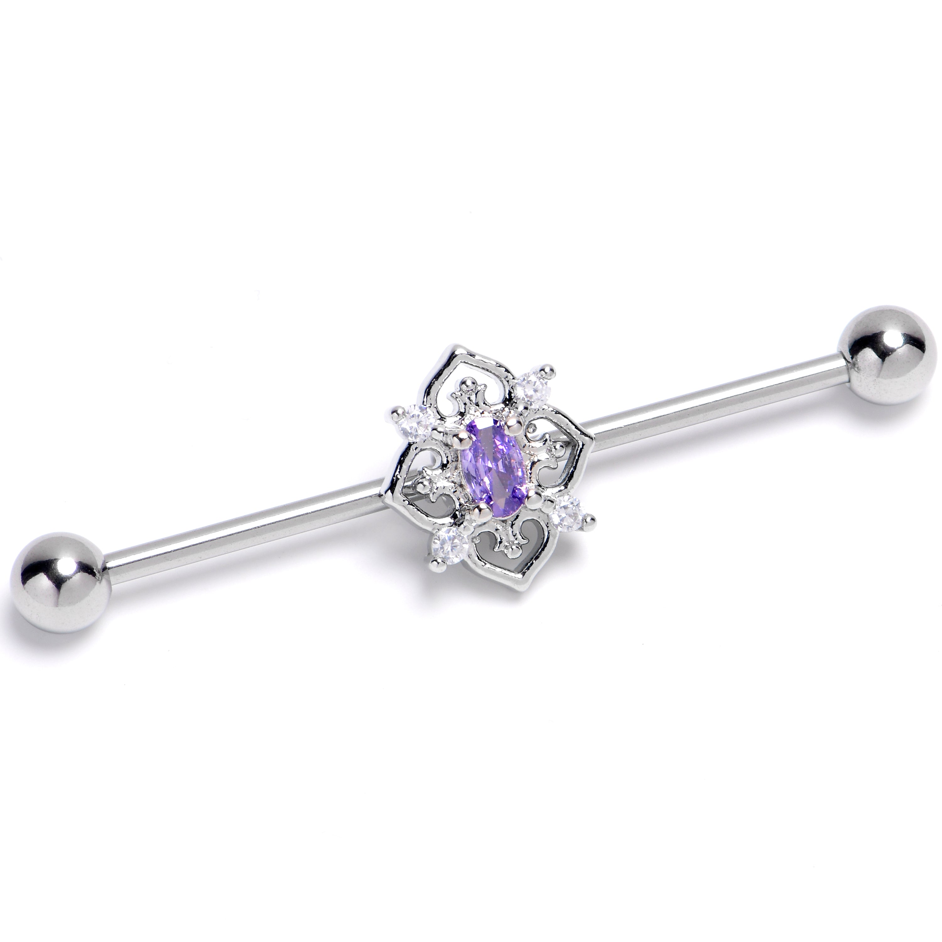 14 Gauge Purple Clear Gem Lace Look Hearts Industrial Barbell 38mm