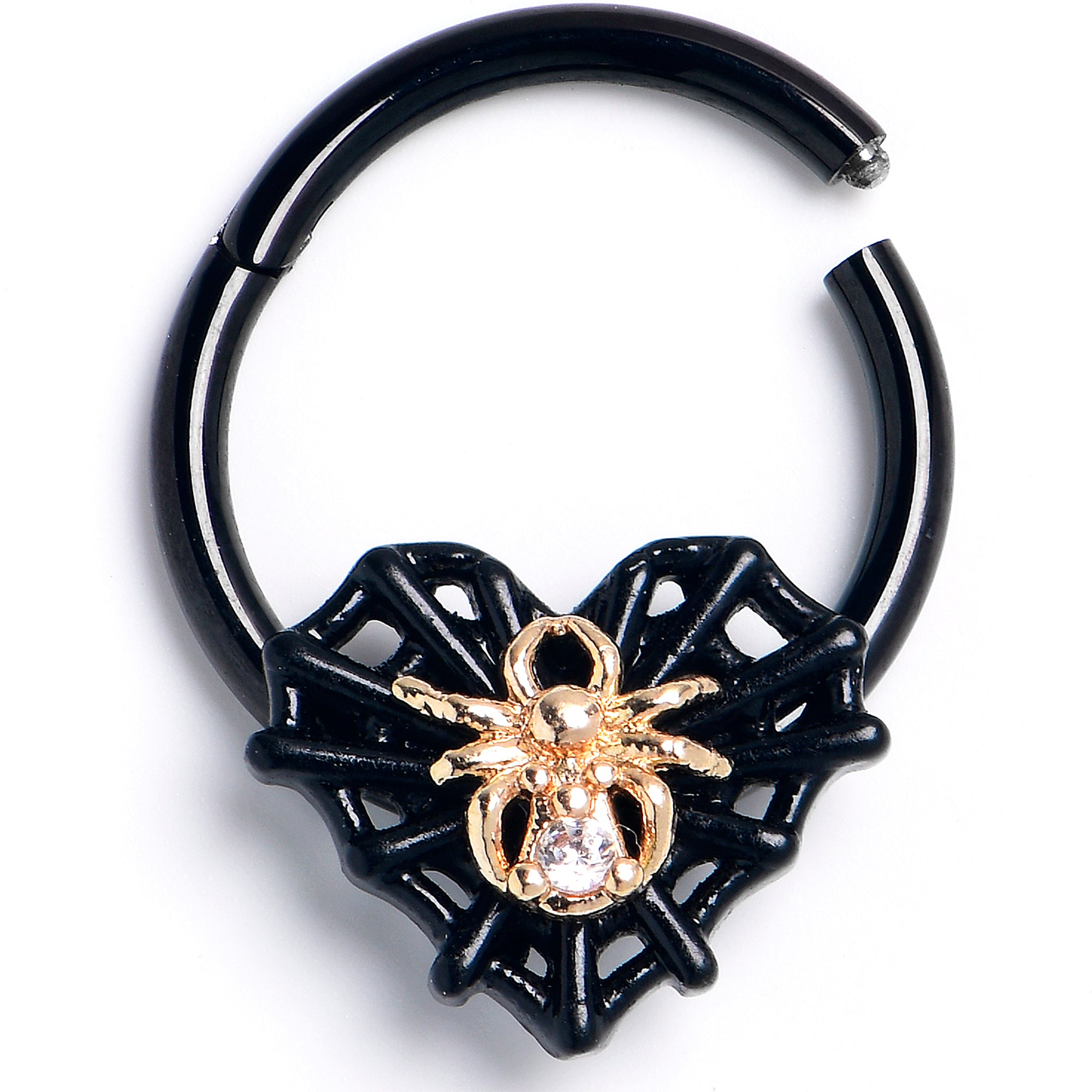 16 Gauge 3/8 Clear Gem Black Golden Spider Web Heart Hinged Segment Ring