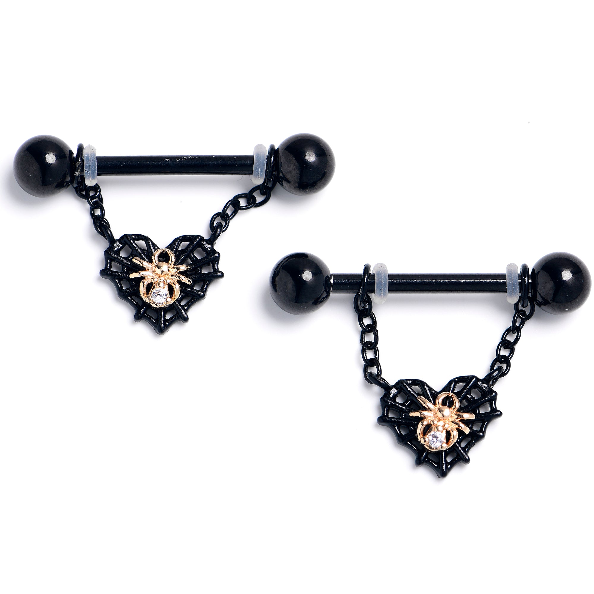 14 Gauge 9/16 Clear Gem Black Golden Spider Web Dangle Nipple Ring Set