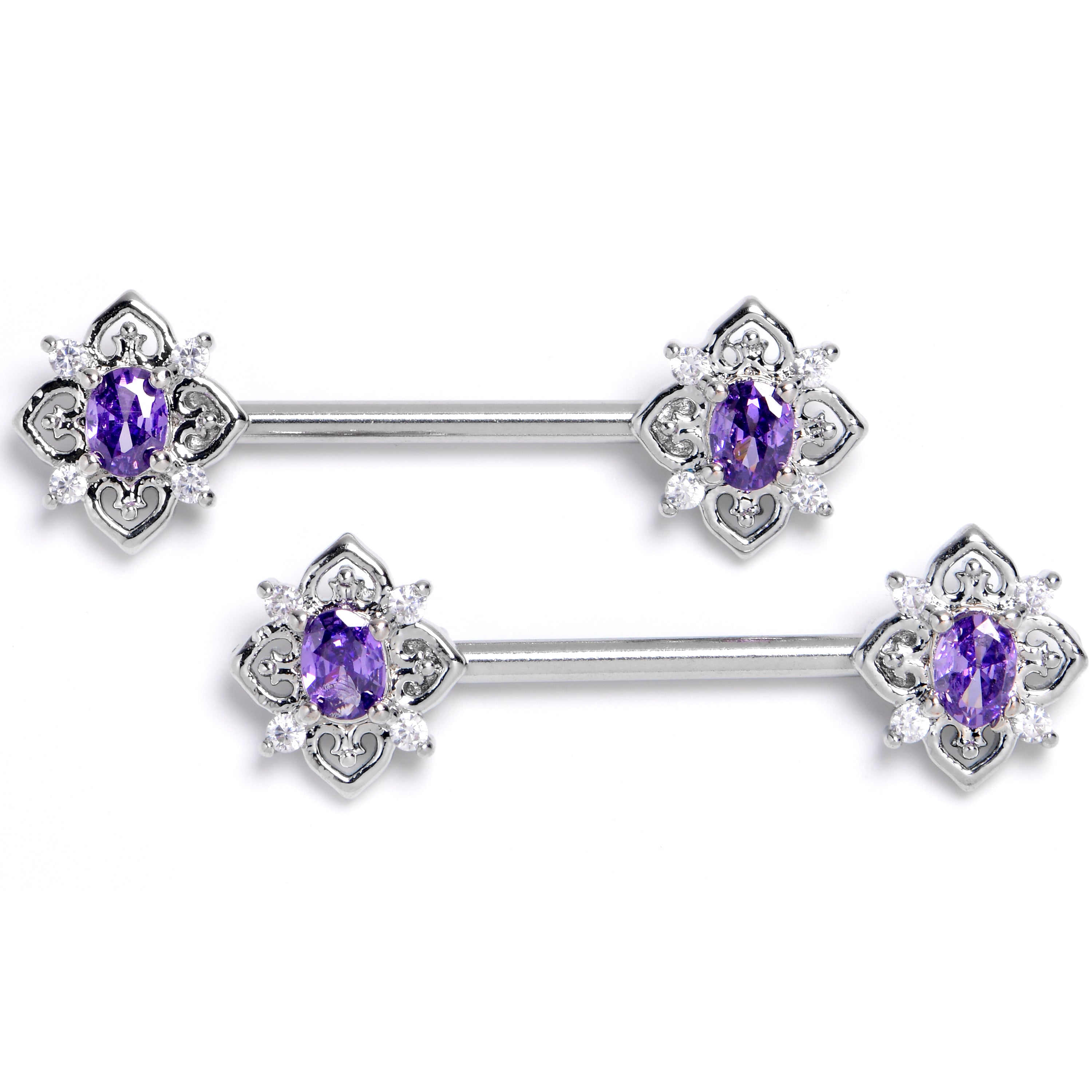 14 Gauge 9/16 Purple Gem Lace Look Hearts Barbell Nipple Ring Set