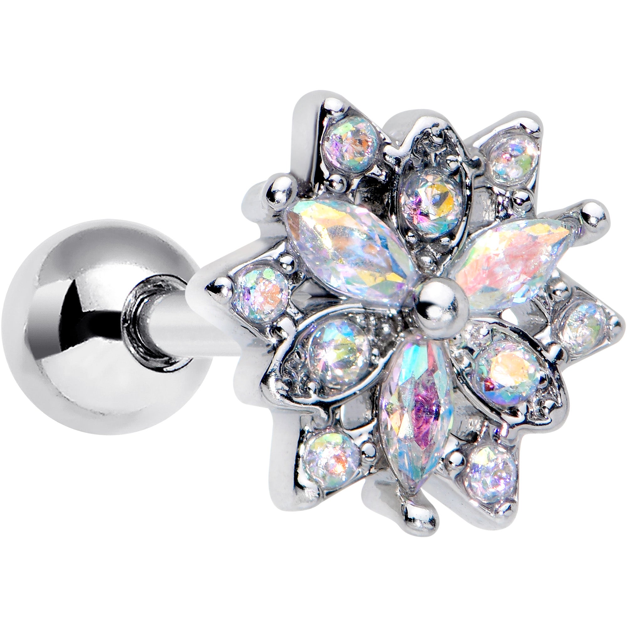 16 Gauge 1/4 Aurora CZ Gem Snowflake Style Cartilage Tragus Earring