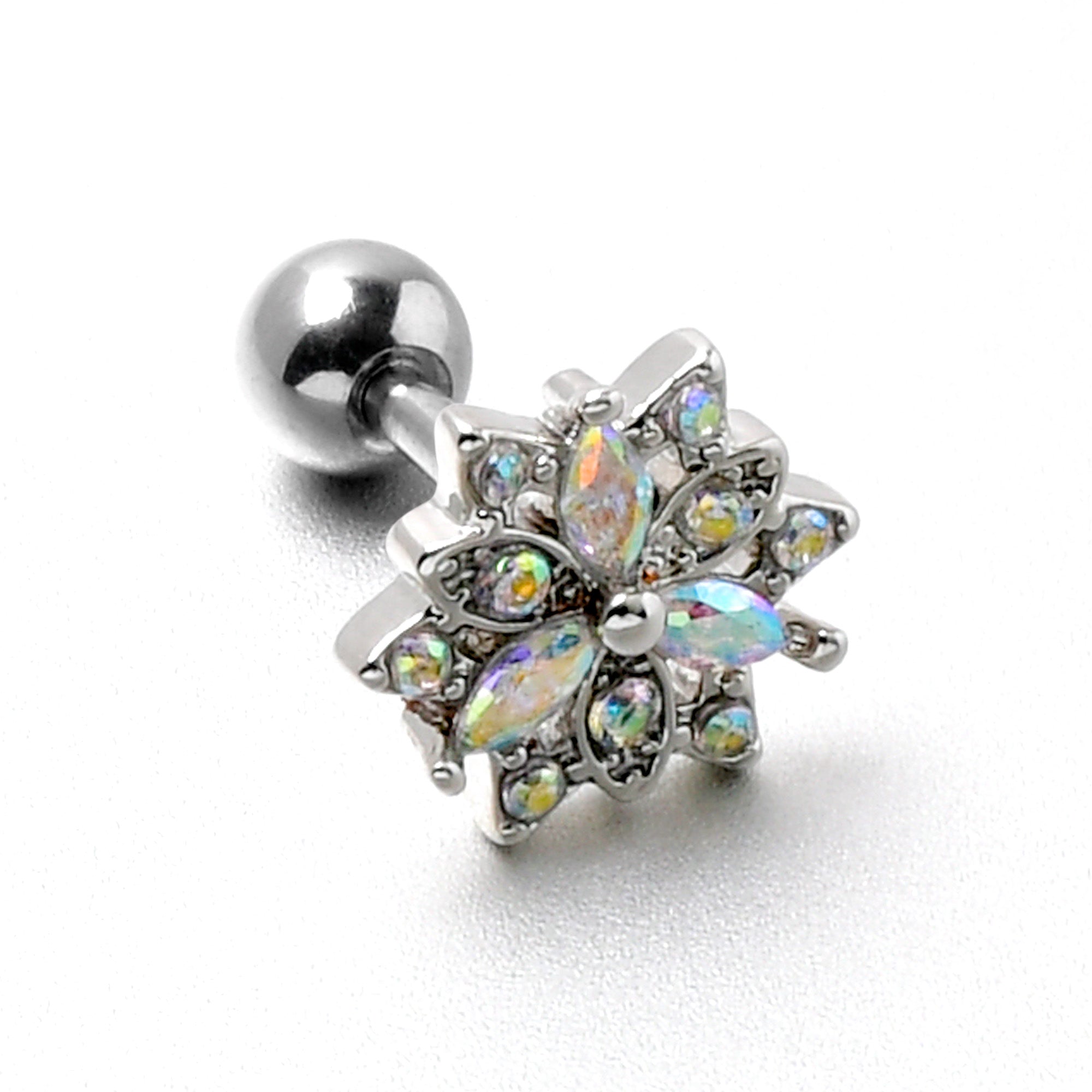 16 Gauge 1/4 Aurora CZ Gem Snowflake Style Cartilage Tragus Earring