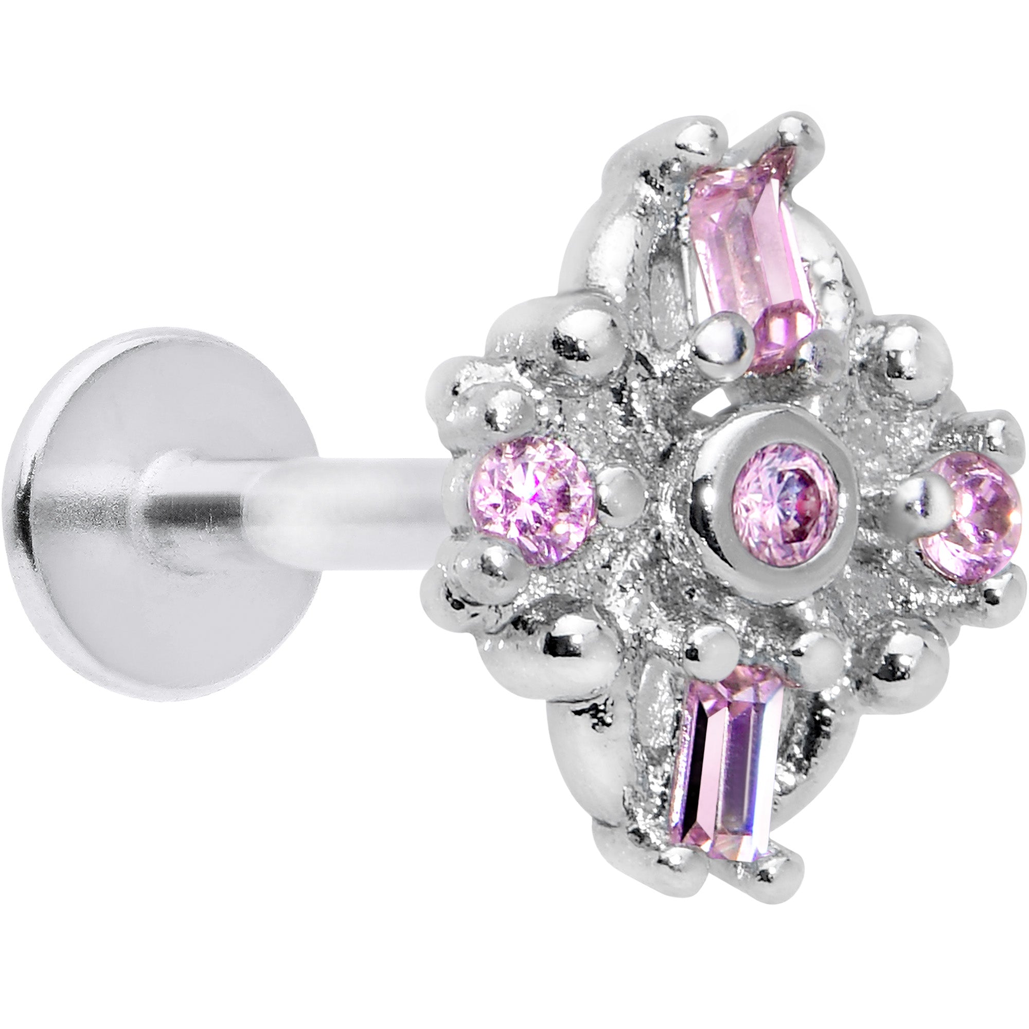 16 Gauge 5/16 Pink Gem Opulent Cross Threadless Labret Monroe Tragus