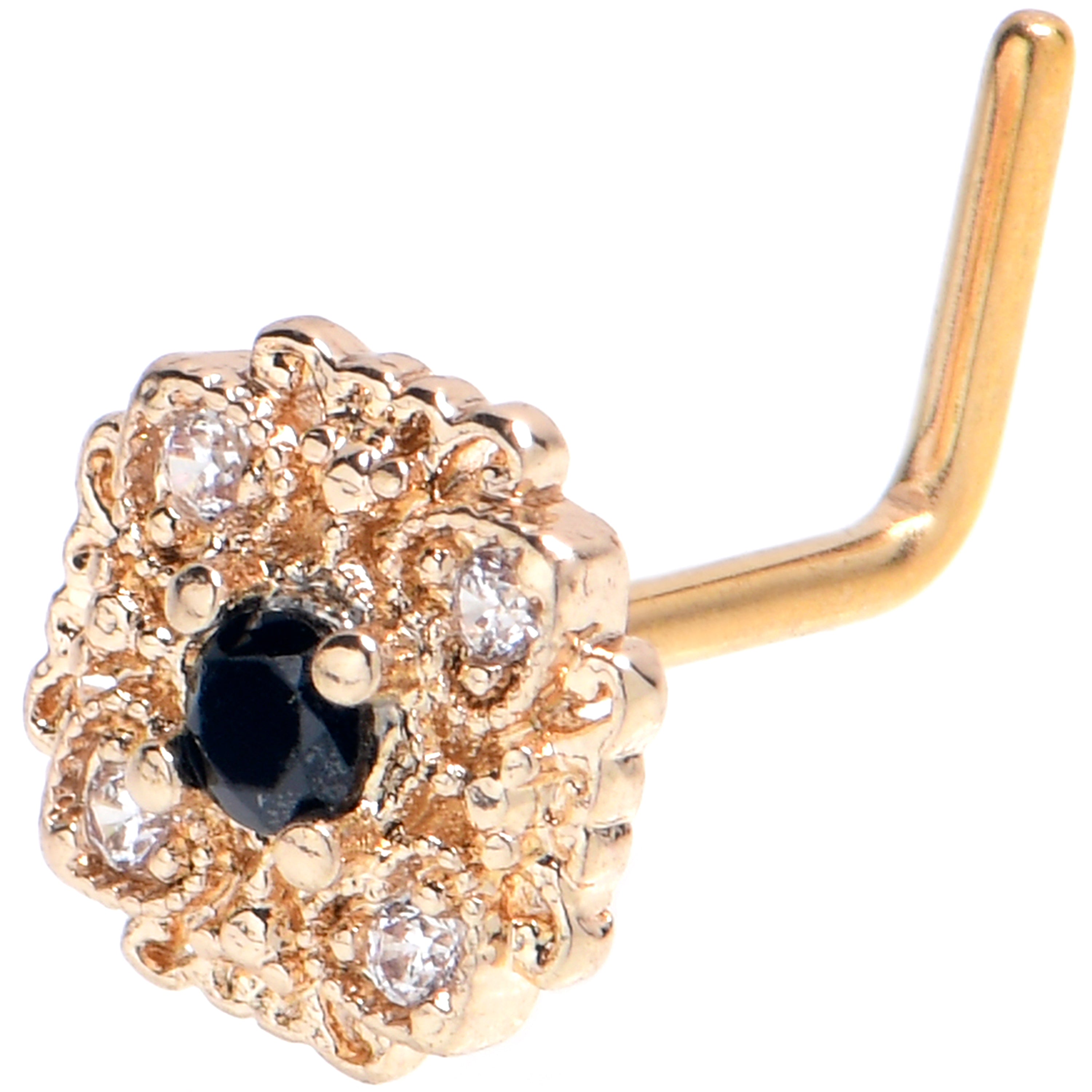 20 Gauge 1/4 Black Gem Gold Tone Luxe Heart L Shape Nose Ring