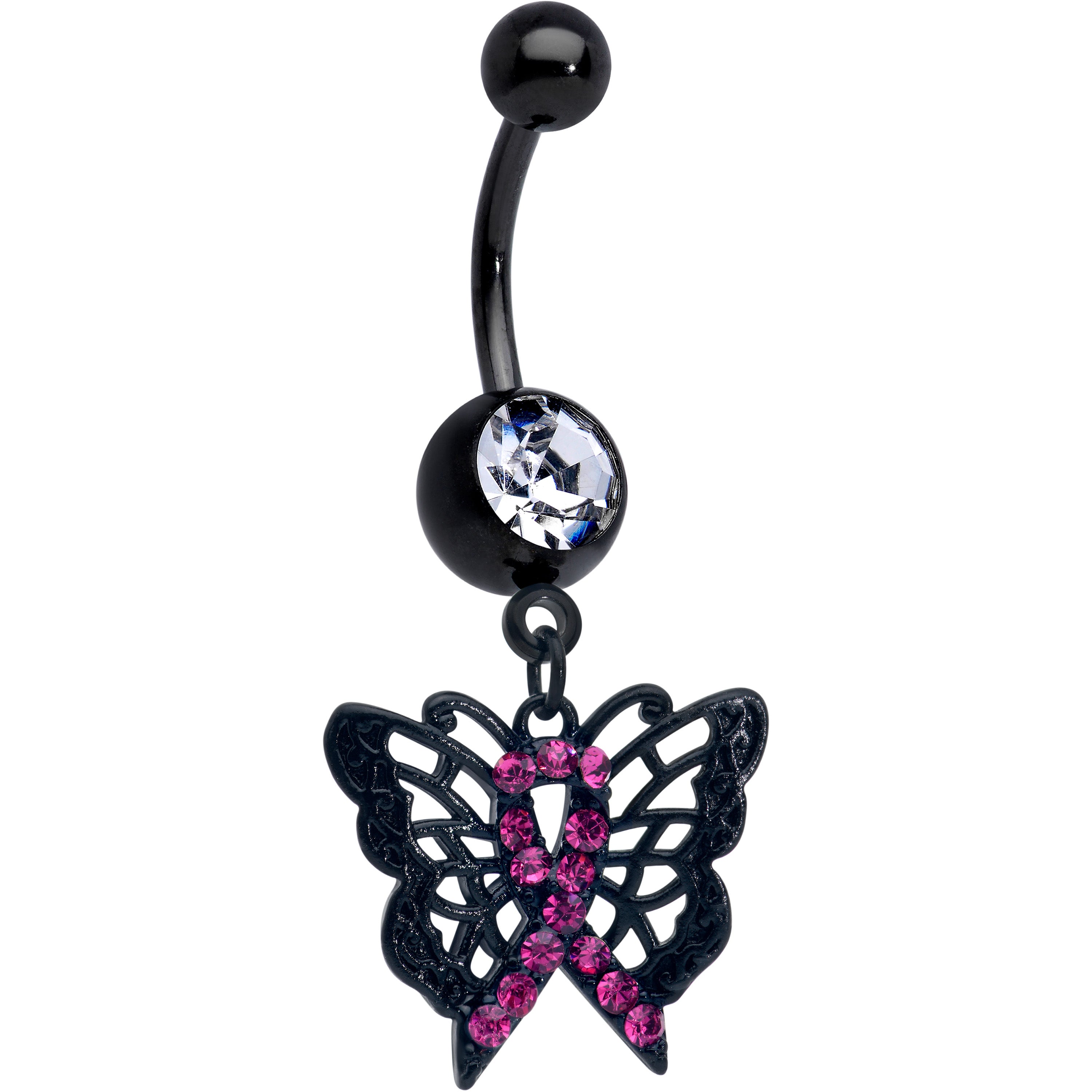 Pink Clear Gem Black Butterfly Beauty In Flight Dangle Belly Ring