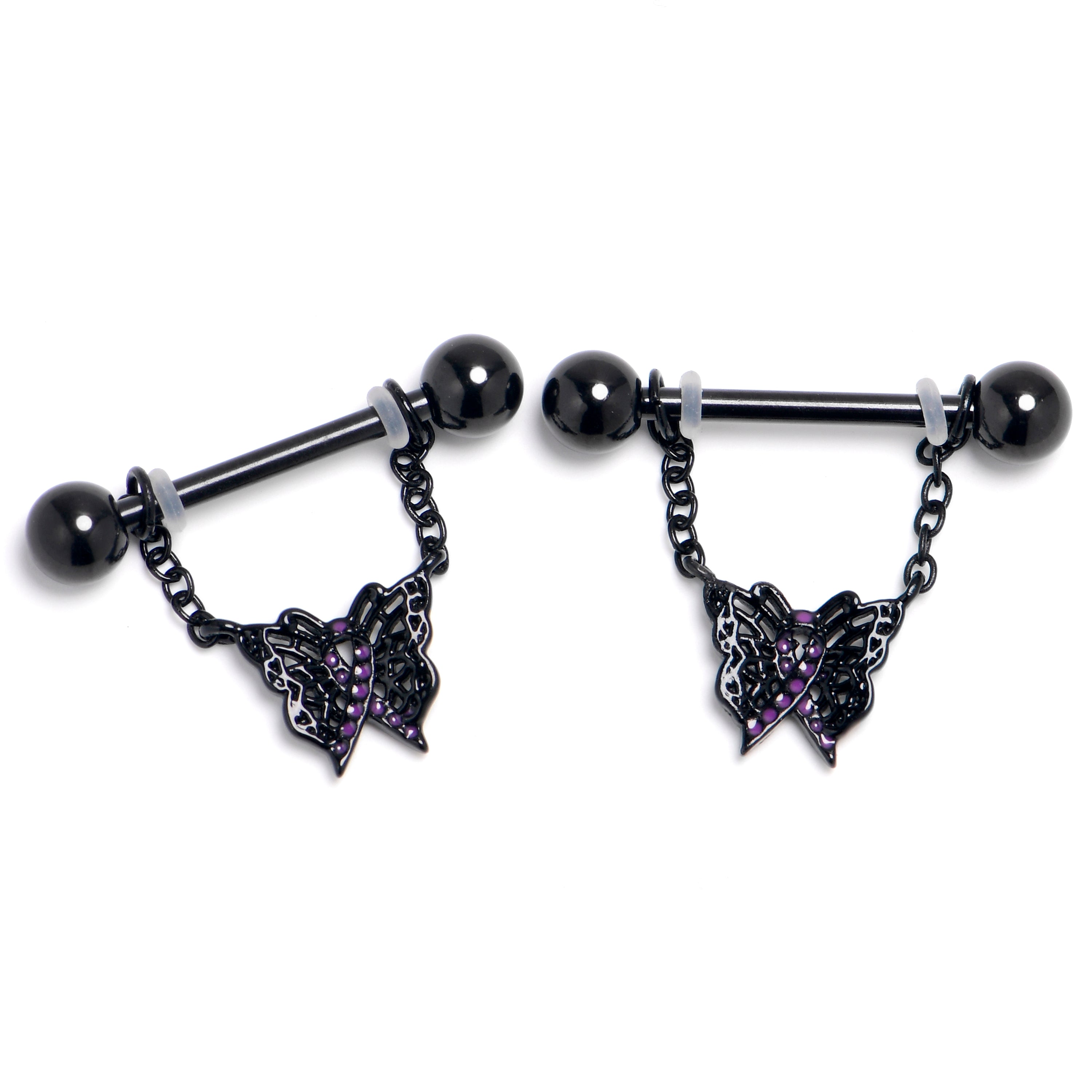 14 Gauge 9/16 Black Butterfly In Flight Chain Dangle Nipple Ring Set