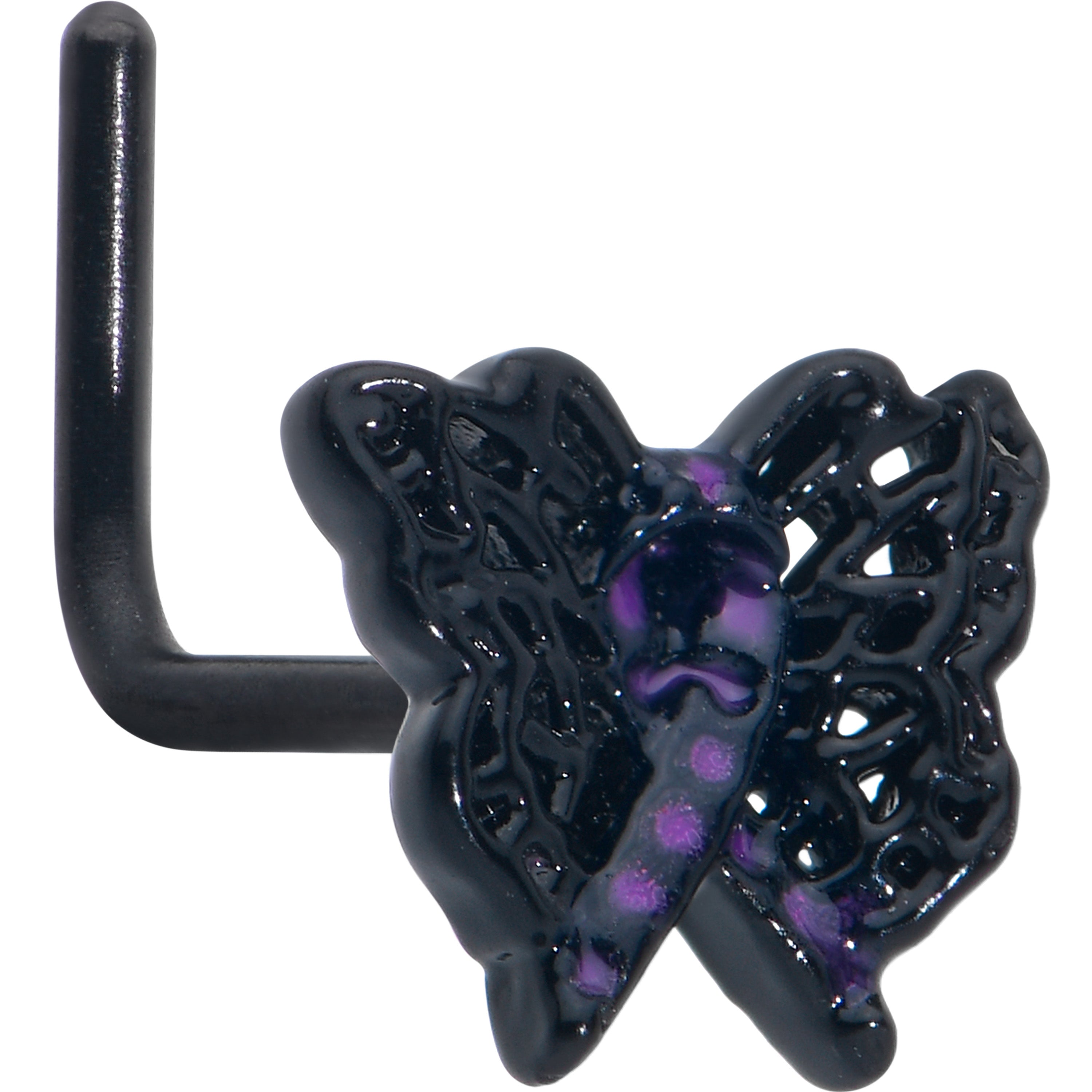 20 Gauge 7mm Black Butterfly Beauty In Flight L Shape Nose Ring