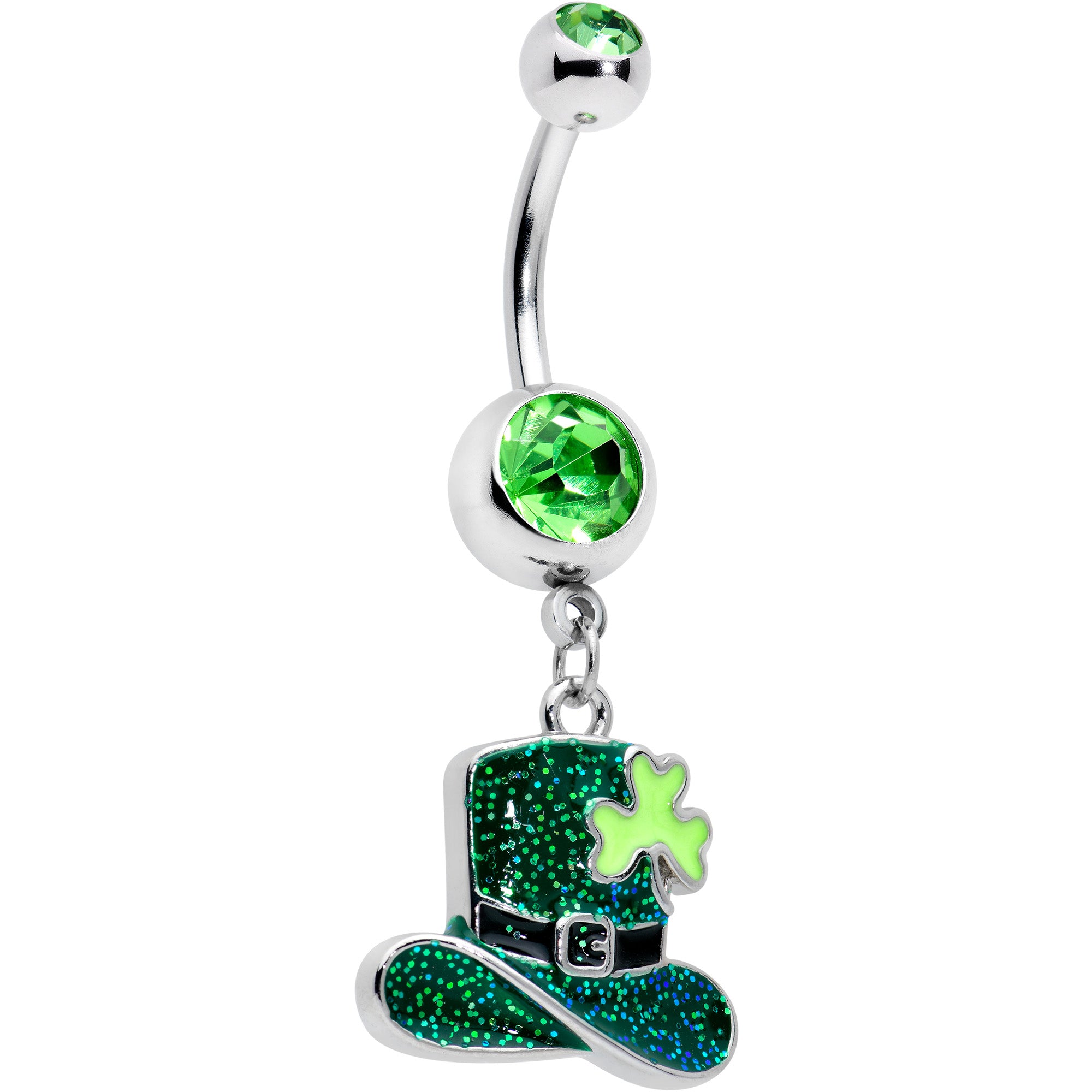 Green Gem Glitter Top Hat Shamrock St Patricks Day Dangle Belly Ring