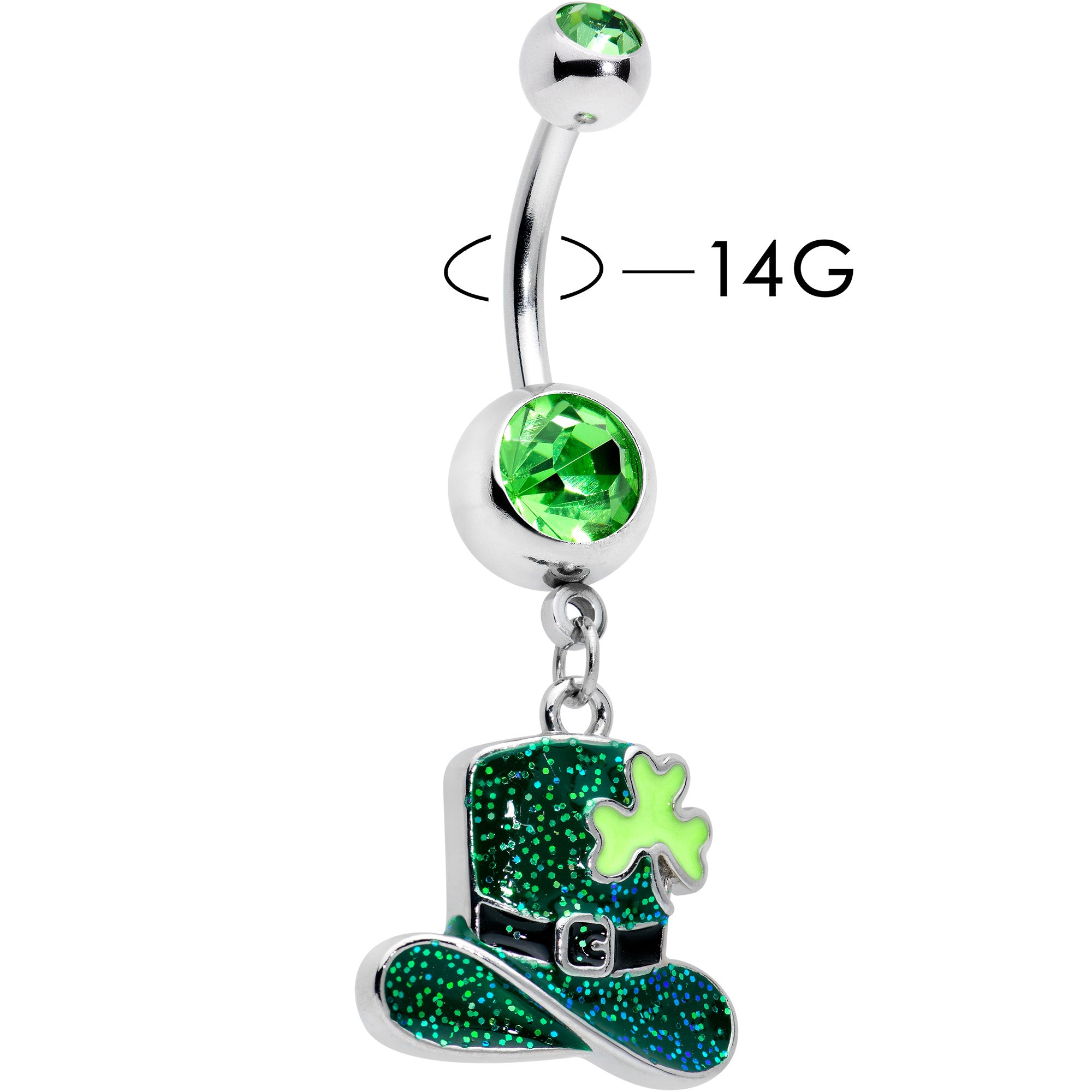 Green Gem Glitter Top Hat Shamrock St Patricks Day Dangle Belly Ring