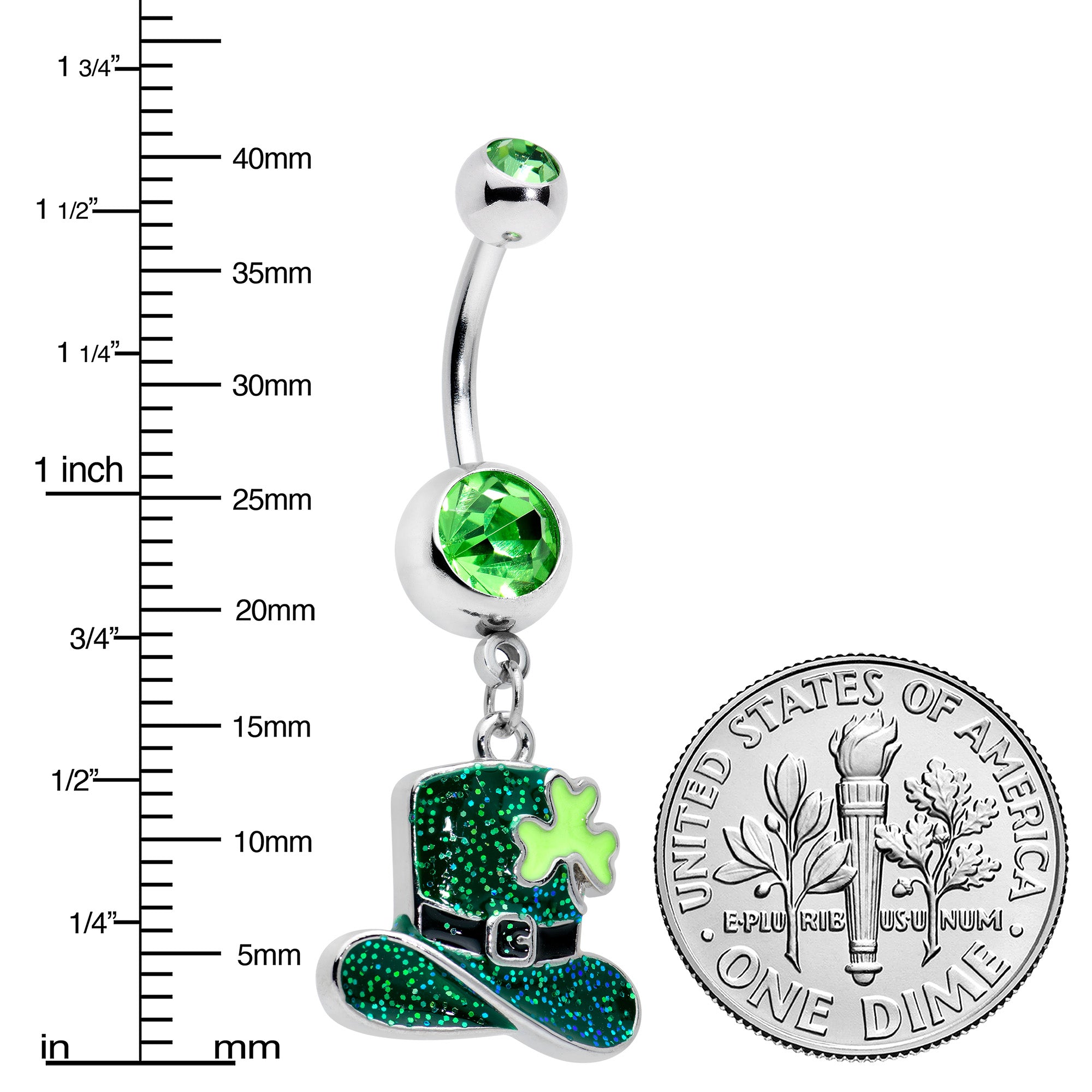 Green Gem Glitter Top Hat Shamrock St Patricks Day Dangle Belly Ring