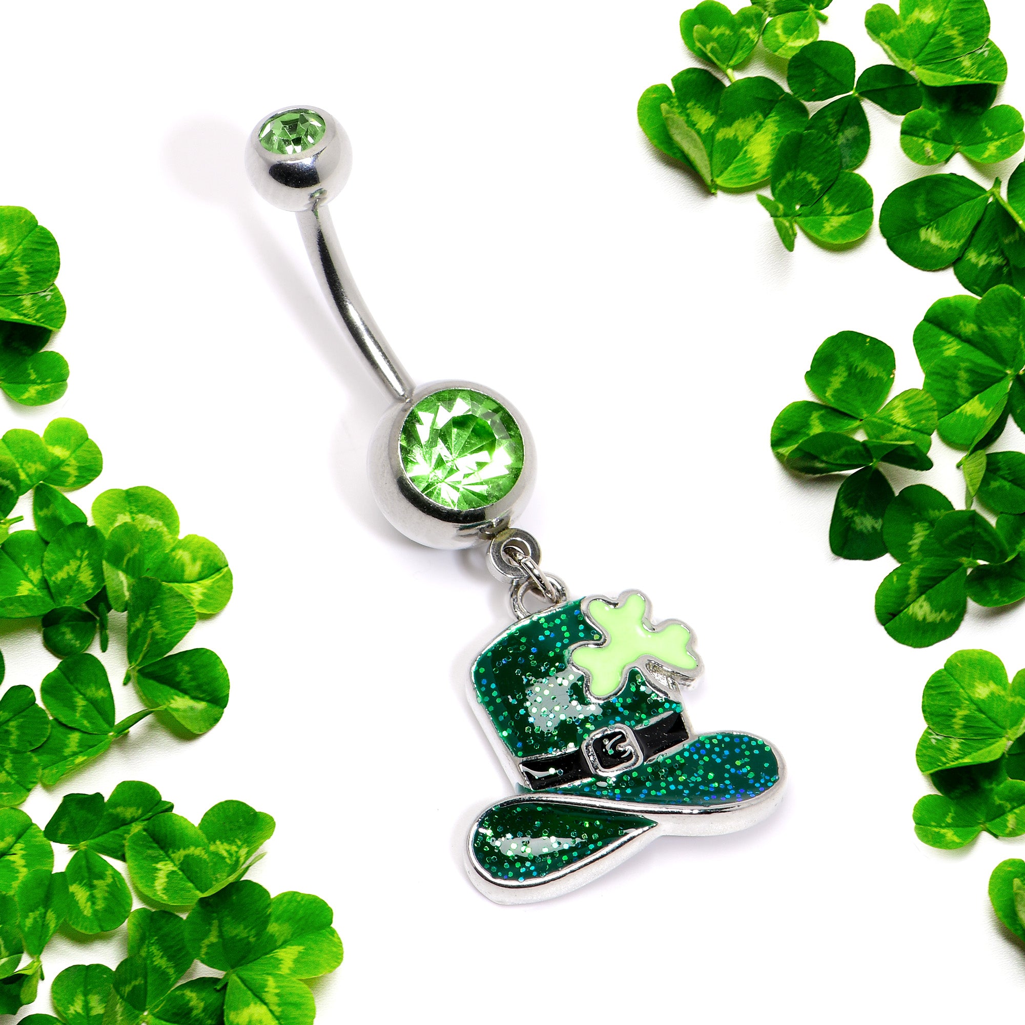 Green Gem Glitter Top Hat Shamrock St Patricks Day Dangle Belly Ring