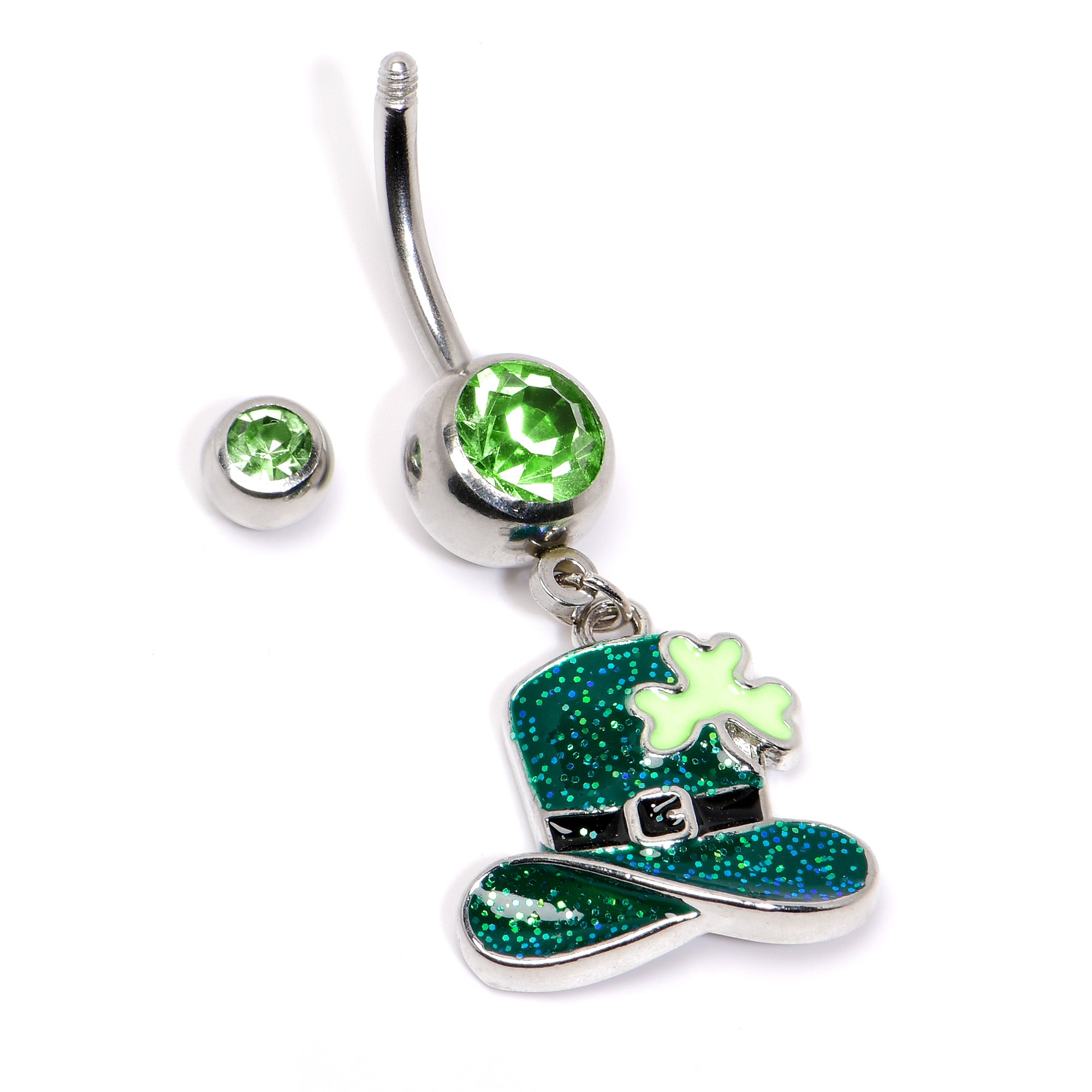 Green Gem Glitter Top Hat Shamrock St Patricks Day Dangle Belly Ring