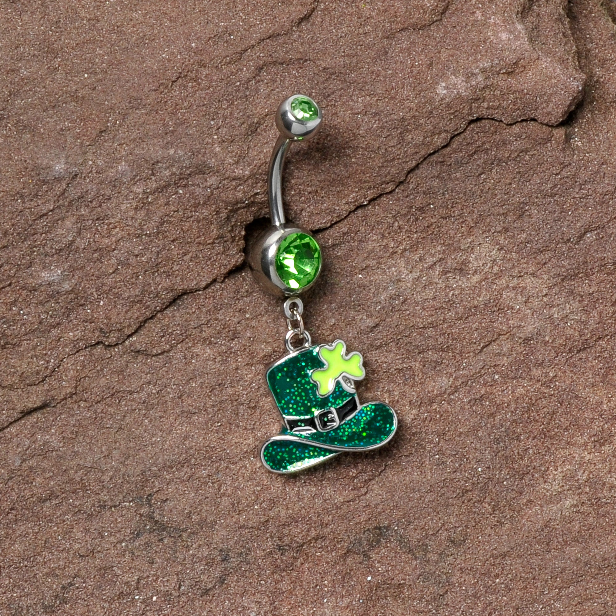 Green Gem Glitter Top Hat Shamrock St Patricks Day Dangle Belly Ring