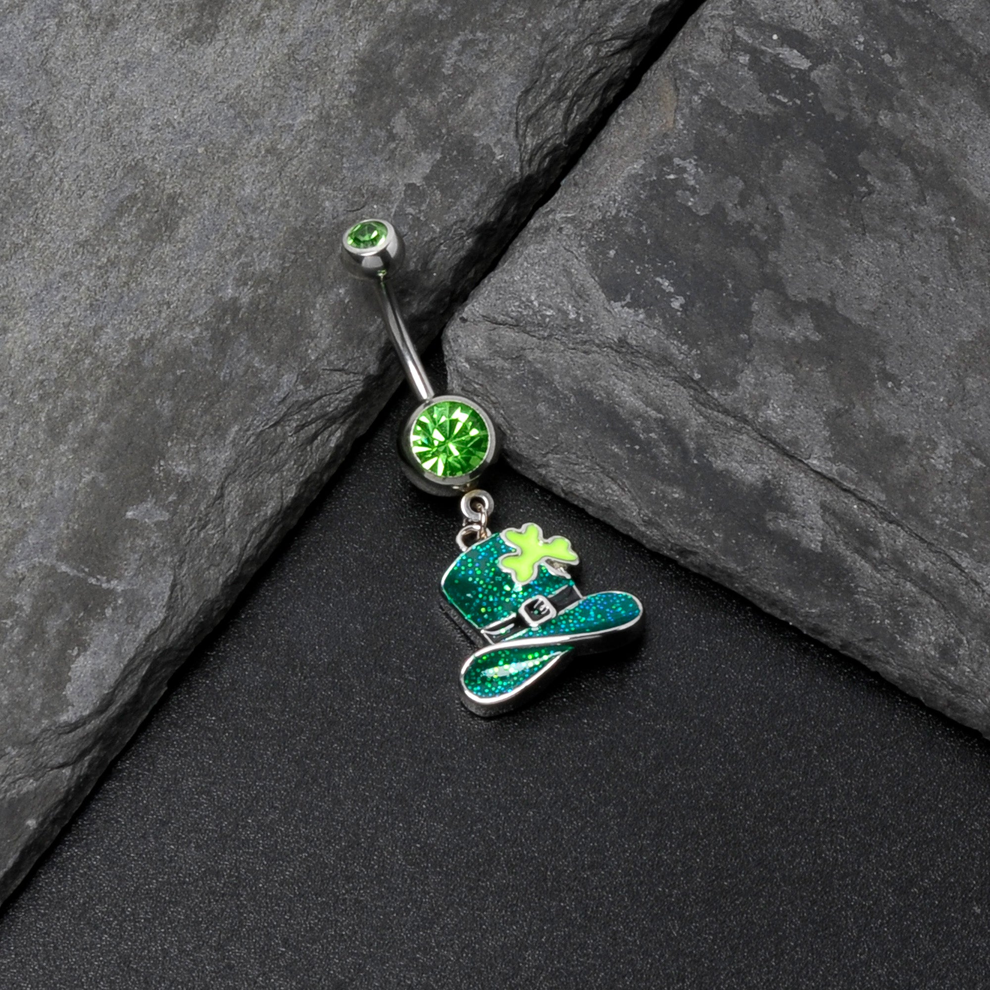 Green Gem Glitter Top Hat Shamrock St Patricks Day Dangle Belly Ring