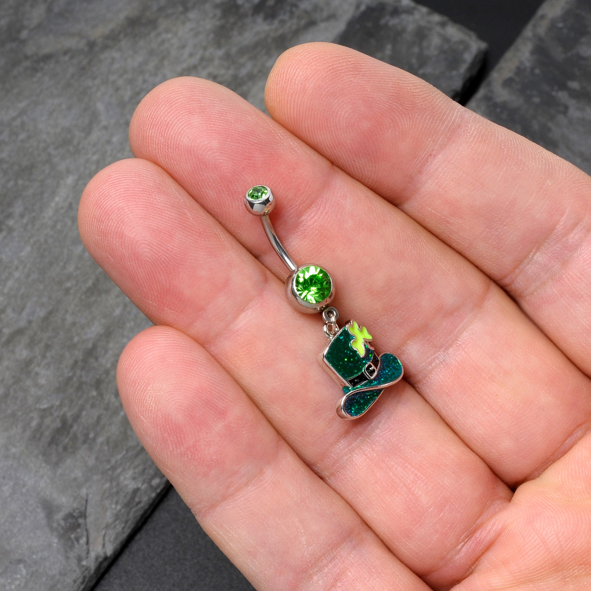 Green Gem Glitter Top Hat Shamrock St Patricks Day Dangle Belly Ring