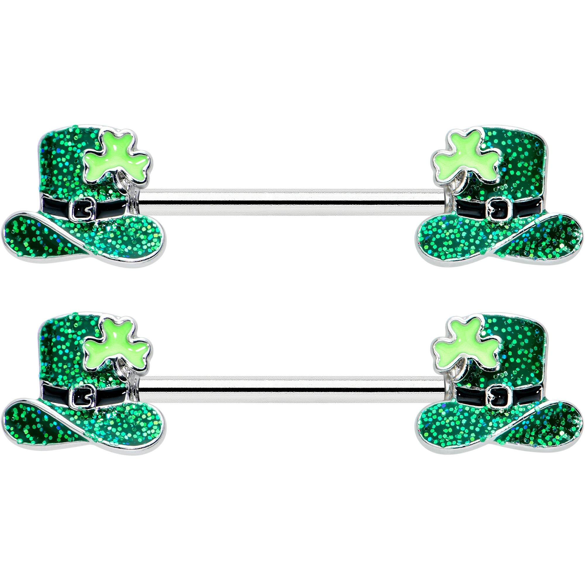 14 Gauge 9/16 Glitter Top Hat Shamrock Barbell Nipple Ring Set